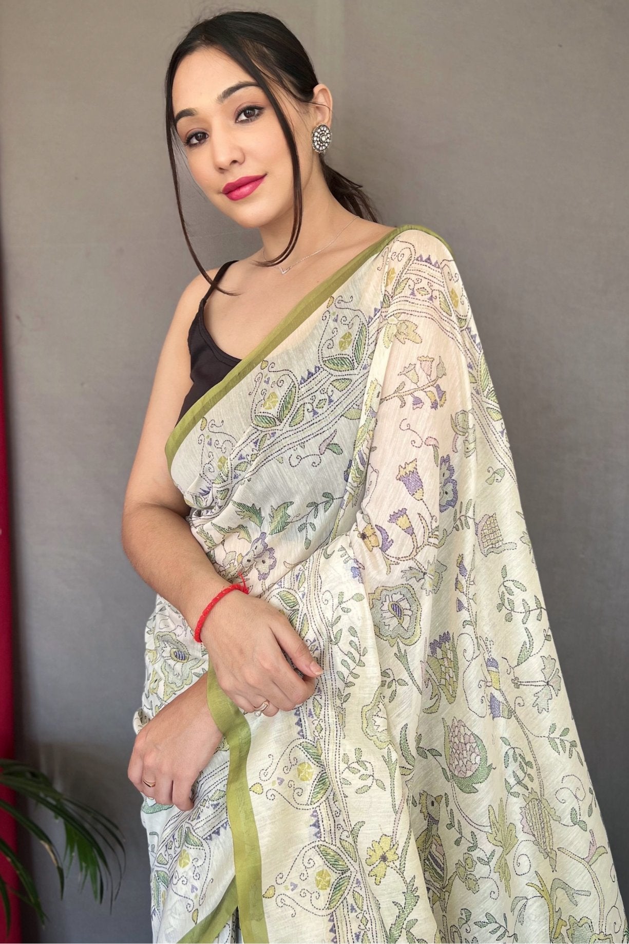 MySilkLove Pista Green and White Printed Cotton Saree