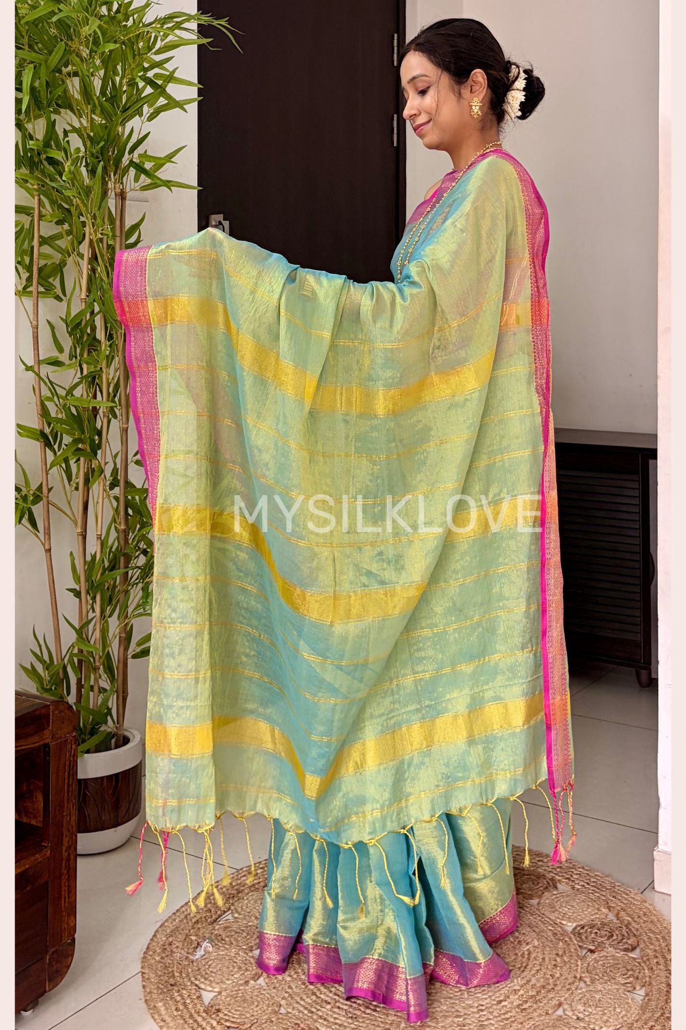 Buy MySilkLove Moss Green Tissue Woven Silk Saree Online