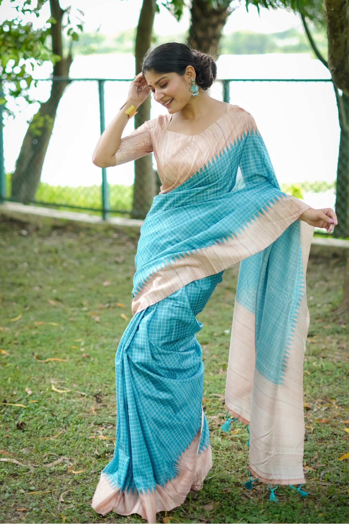 Buy MySilkLove Sky Blue Printed Raw Silk Saree Online