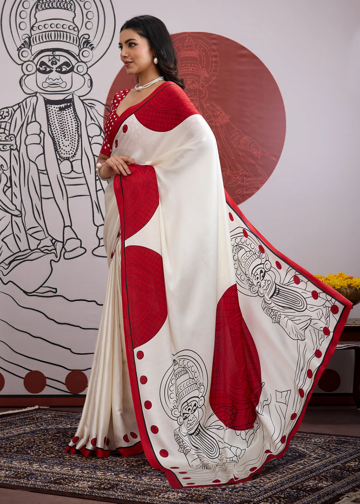 Buy MySilkLove Barn Red and White Printed Satin Crepe Silk Saree Online