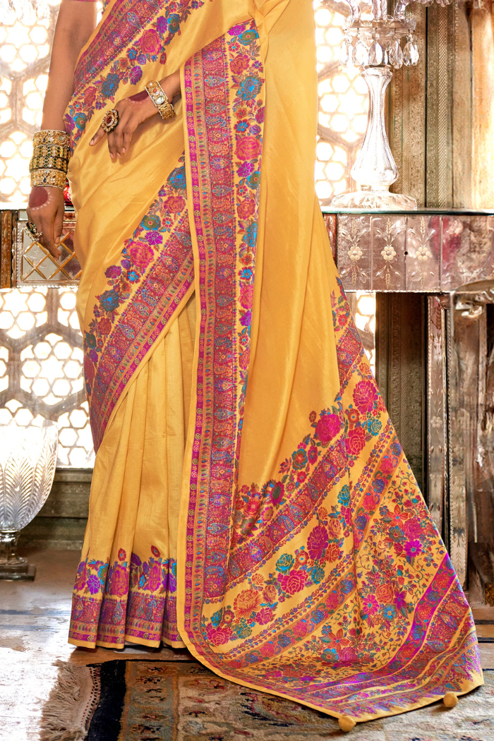 Buy MySilkLove Saffron Mango Yellow Printed Banarasi Saree Online