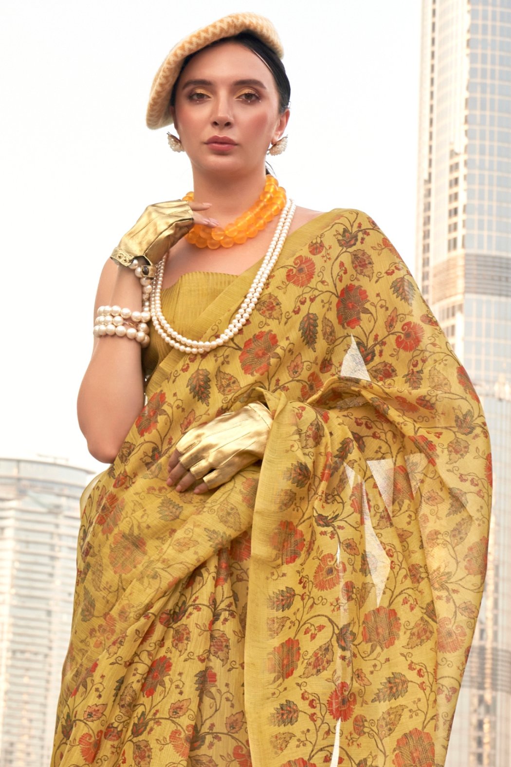 Buy MySilkLove Sunflower Yellow Printed Tissue Saree Online