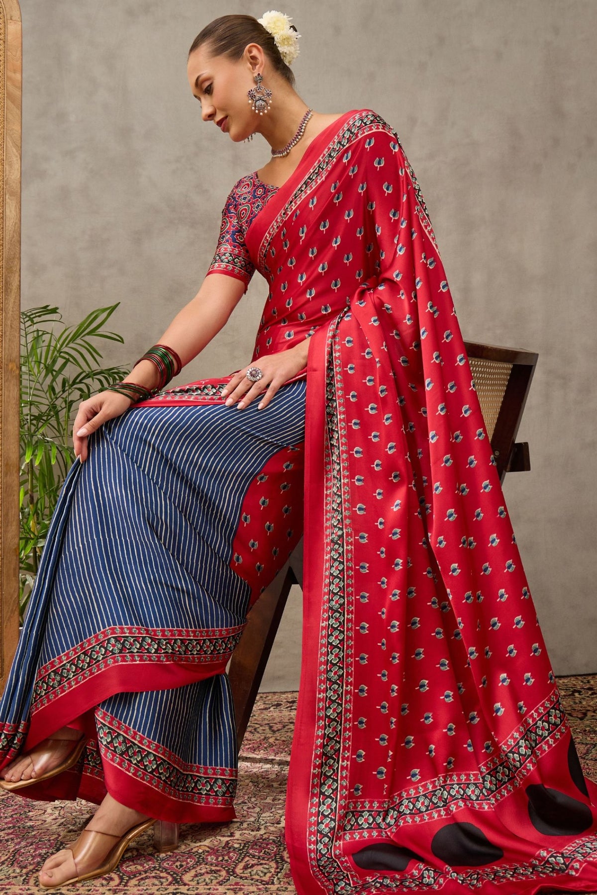Buy MySilkLove Vermilion Red and Blue Modal Satin Printed Silk Saree Online