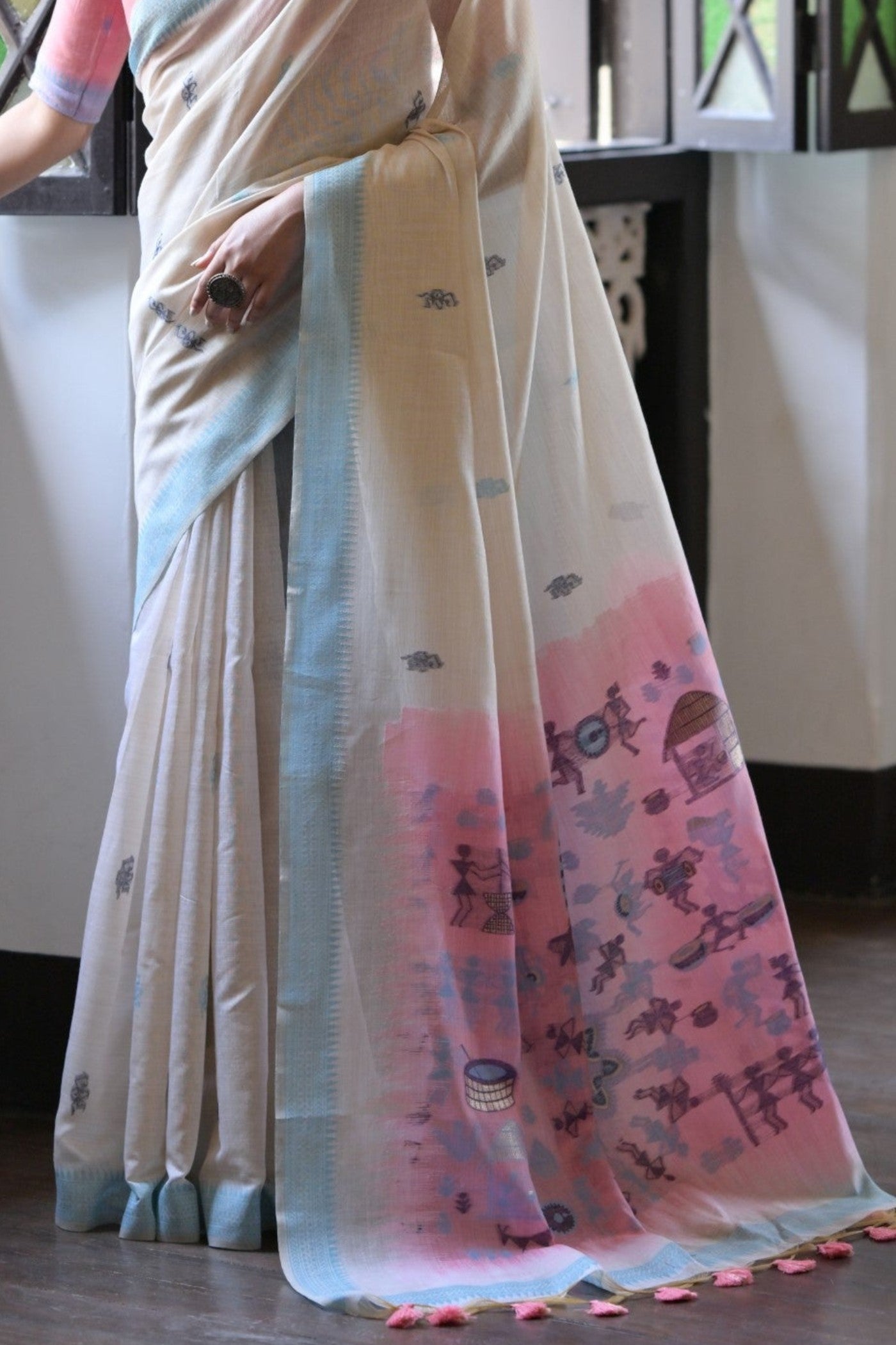 Buy MySilkLove Shell White and Pink Muga Cotton Saree Online