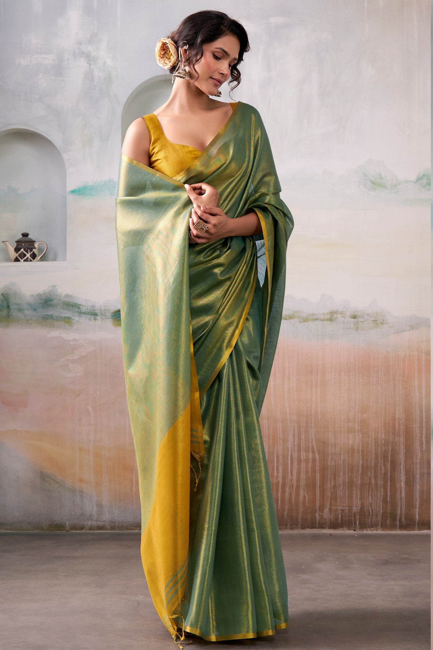 Buy MySilkLove Seweed Green Handloom Tissue Saree Online