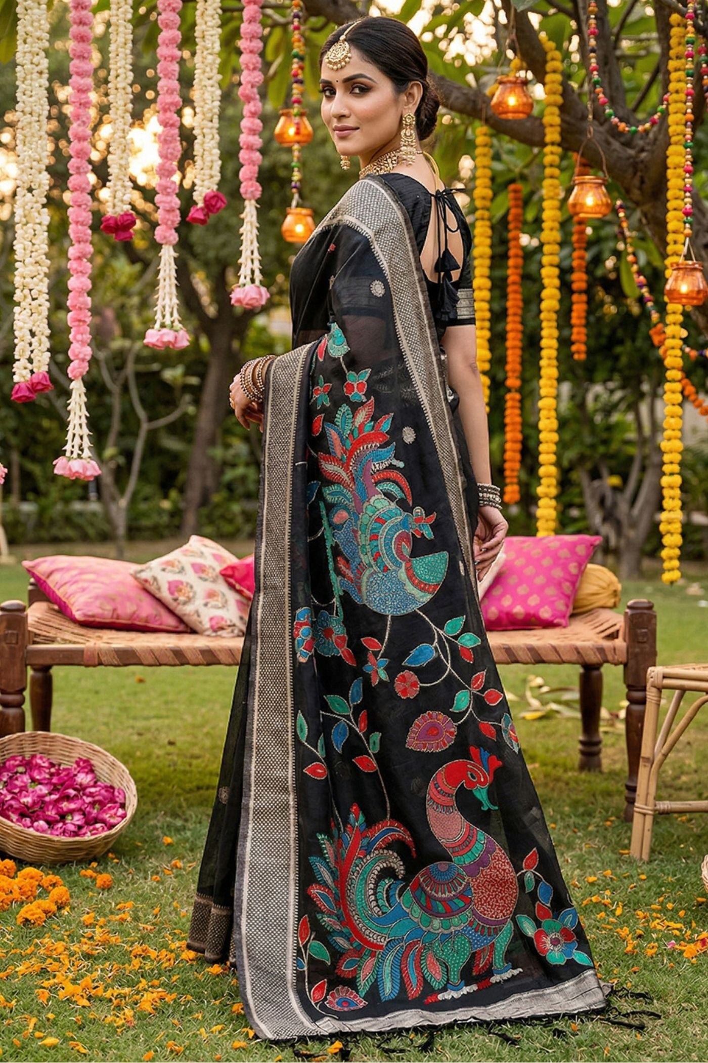 Buy MySilkLove Jet Black Woven Linen Cotton Saree Online