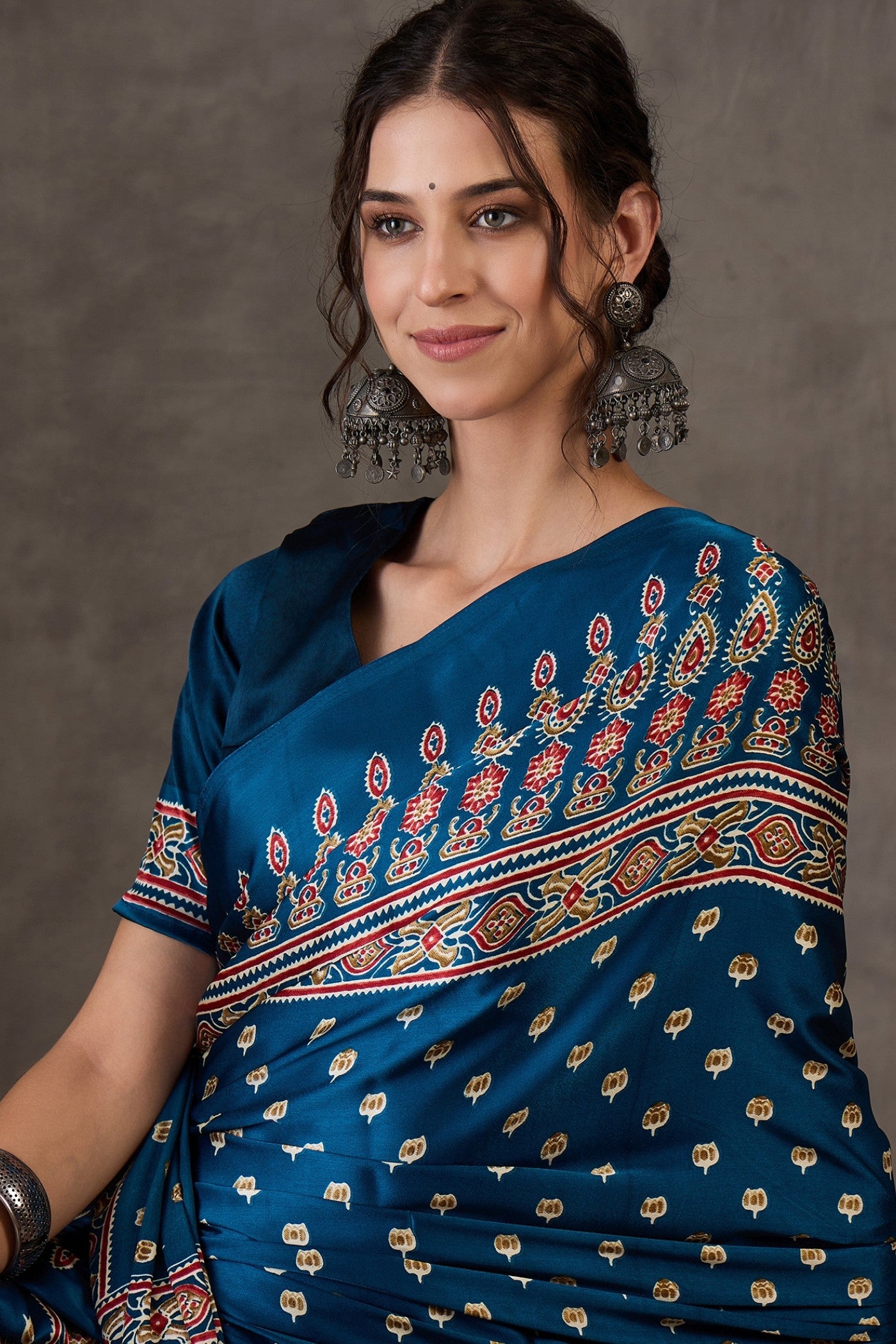 MySilkLove James Blue Printed Satin Gaji Silk Saree