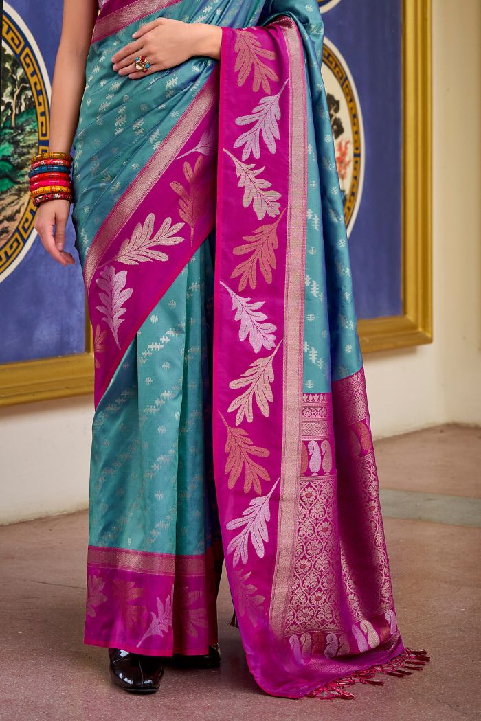 Buy MySilkLove Breaker Bay Blue and Pink Banarasi Soft Silk Saree Online