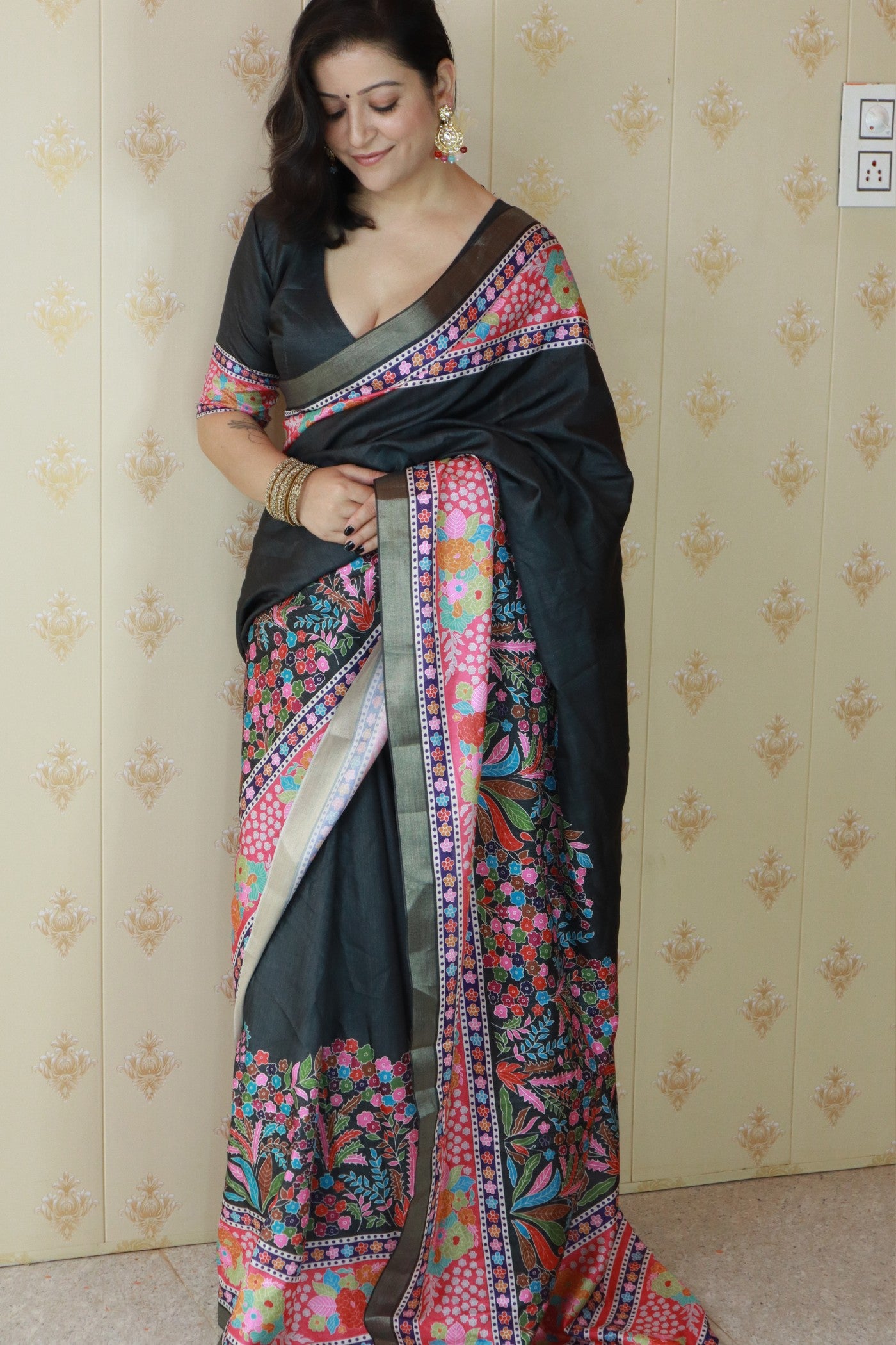 Buy MySilkLove Tuna Black Banarasi Printed Saree Online