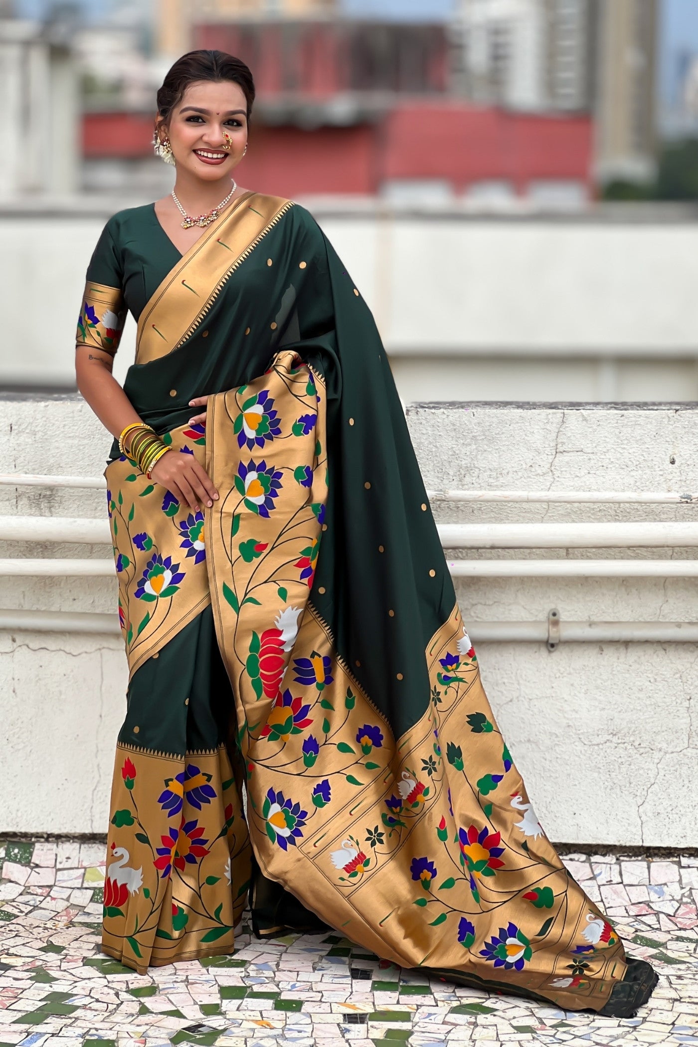 Buy MySilkLove Dark Green Woven Paithani Saree Online
