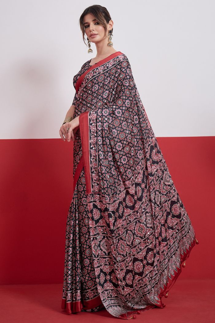 Buy MySilkLove Raven Black Modal Ajrakh Satin Printed Mirror Work Saree Online