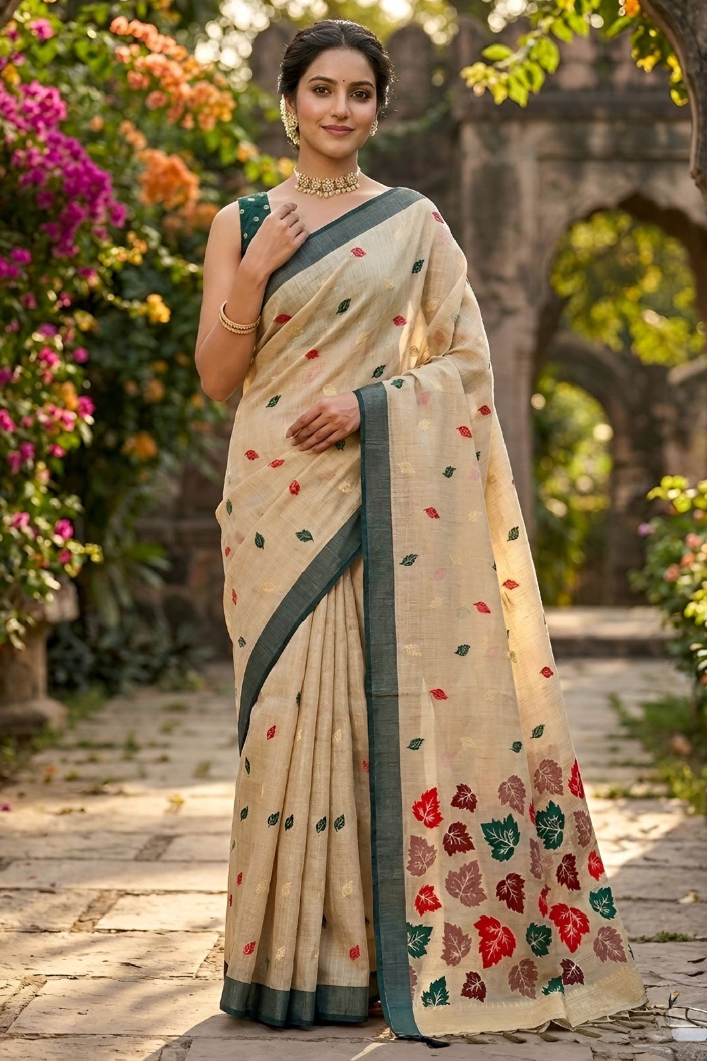Buy MySilkLove Champagne Cream Woven Linen Saree Online