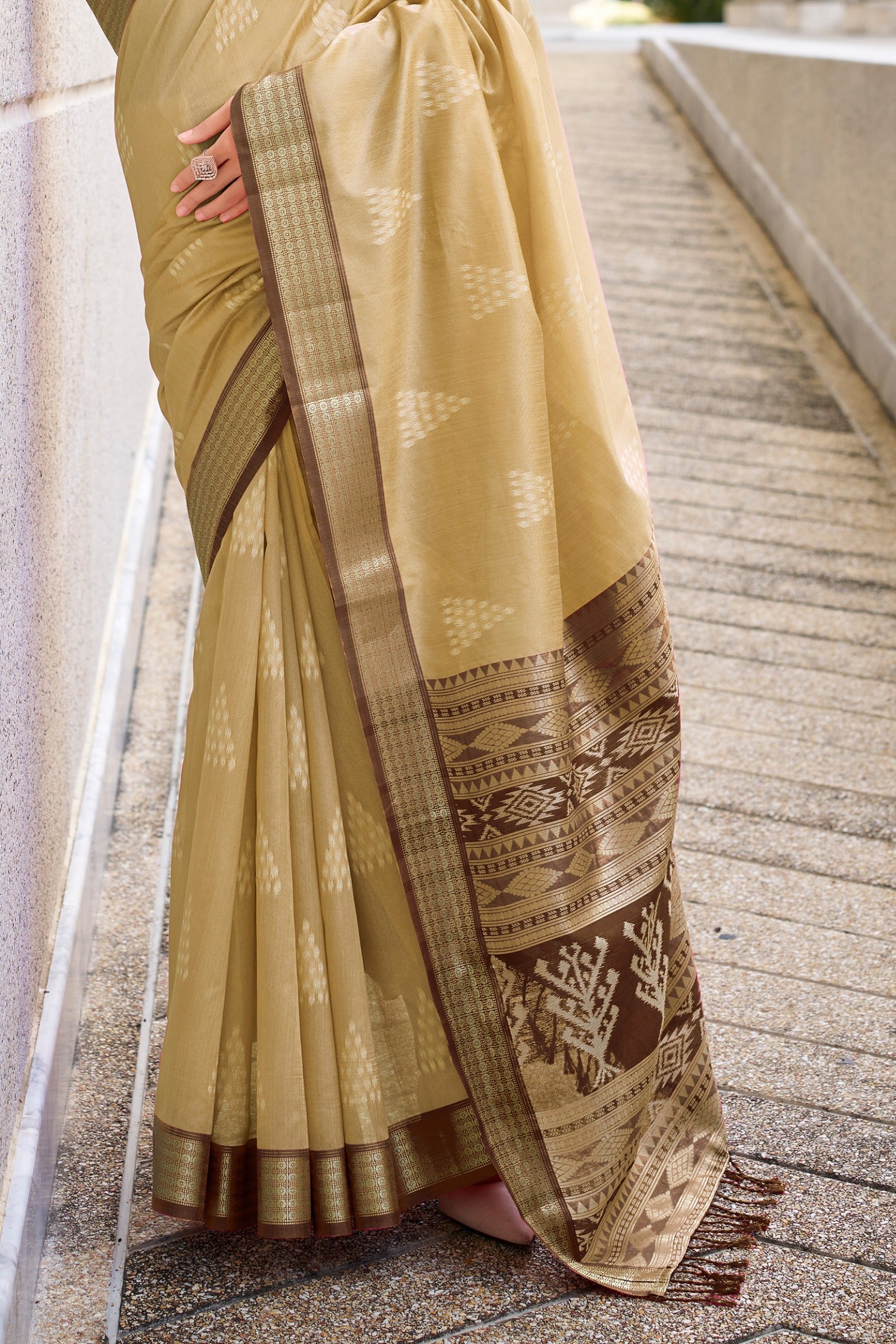 Buy MySilkLove Cashew Cream Ikkat Woven Banarasi Saree Online