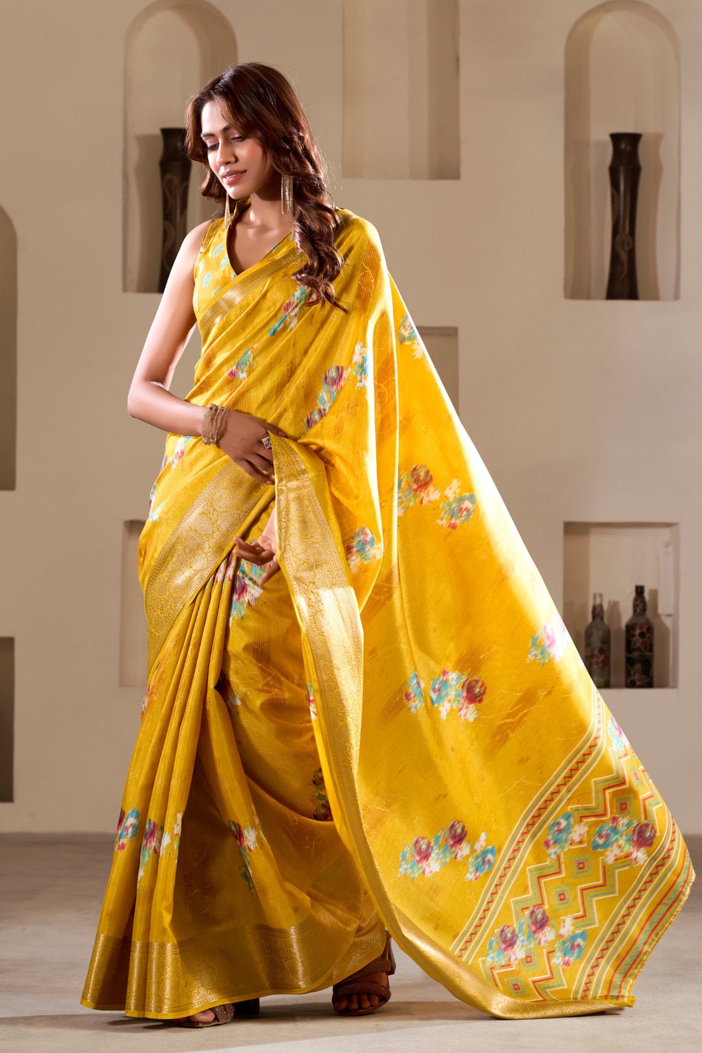 Buy MySilkLove Gulberg Yellow Printed Soft Dola Silk Saree Online