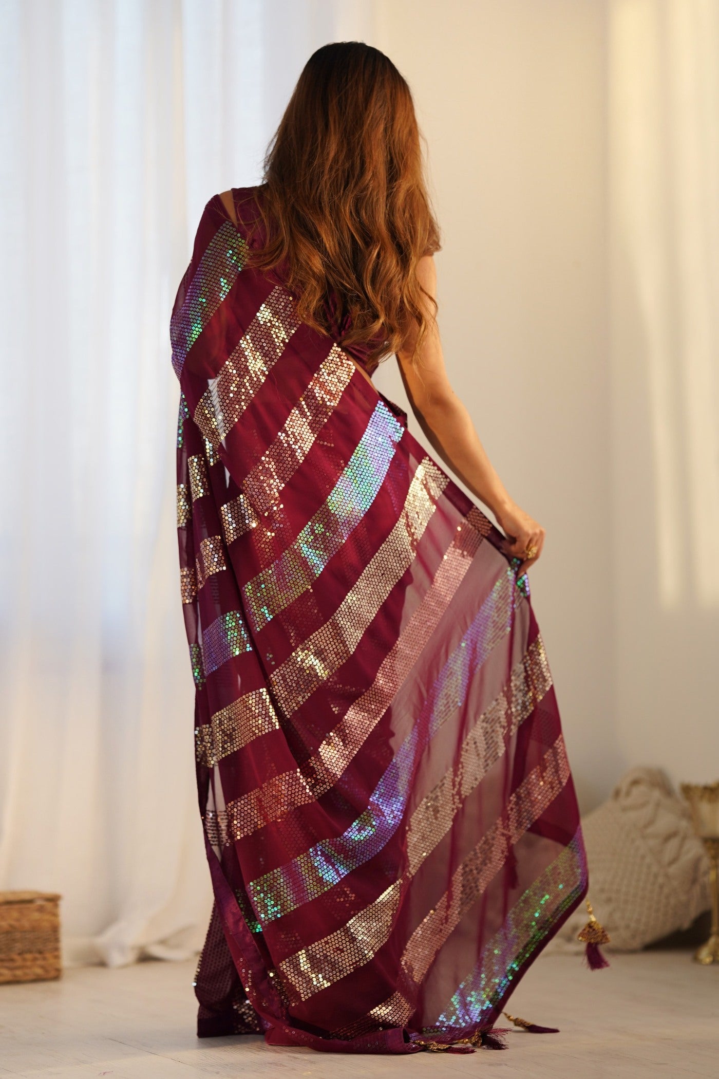 Buy MySilkLove Wine Maroon Georgette Partywear Saree Online