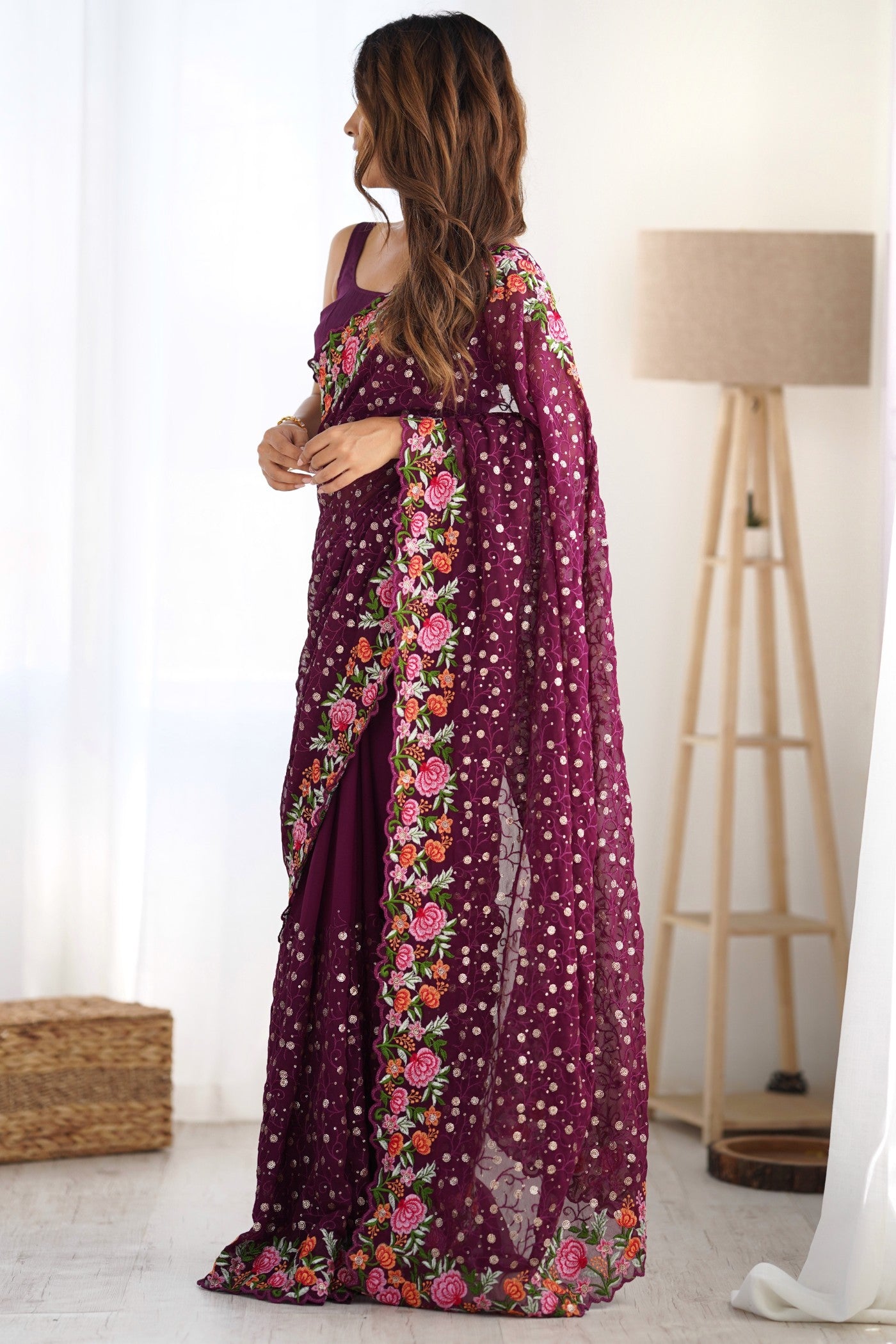 Buy MySilkLove Wine Purple Embroidered Georgette Saree Online