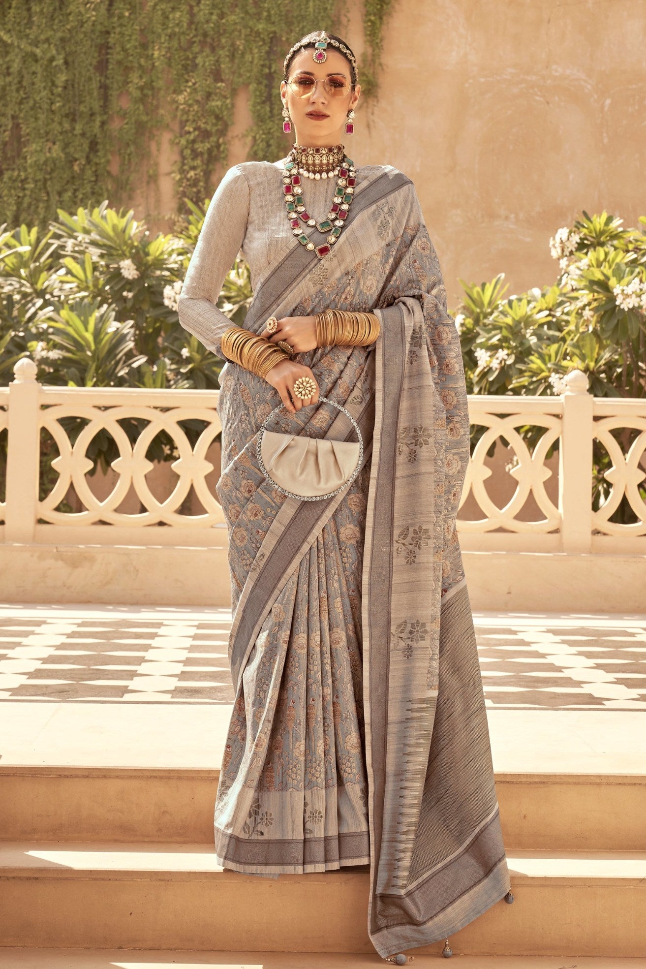 Buy MySilkLove Big Stone Grey Banarasi Handloom Saree Online