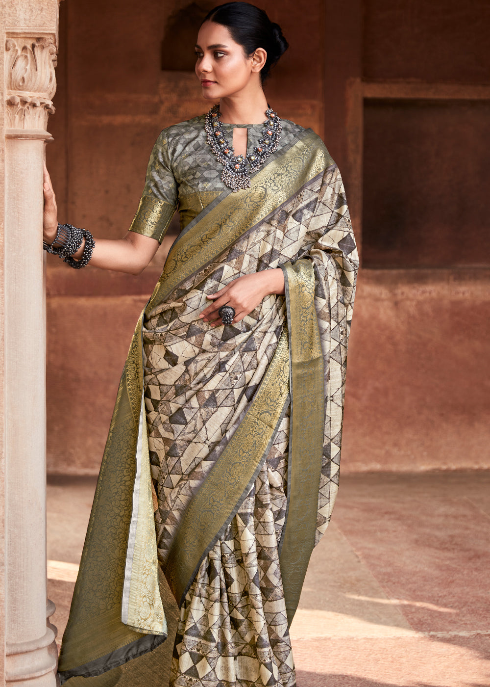 Buy MySilkLove Sandrift Cream and Grey Handloom Banarasi Silk Saree Online