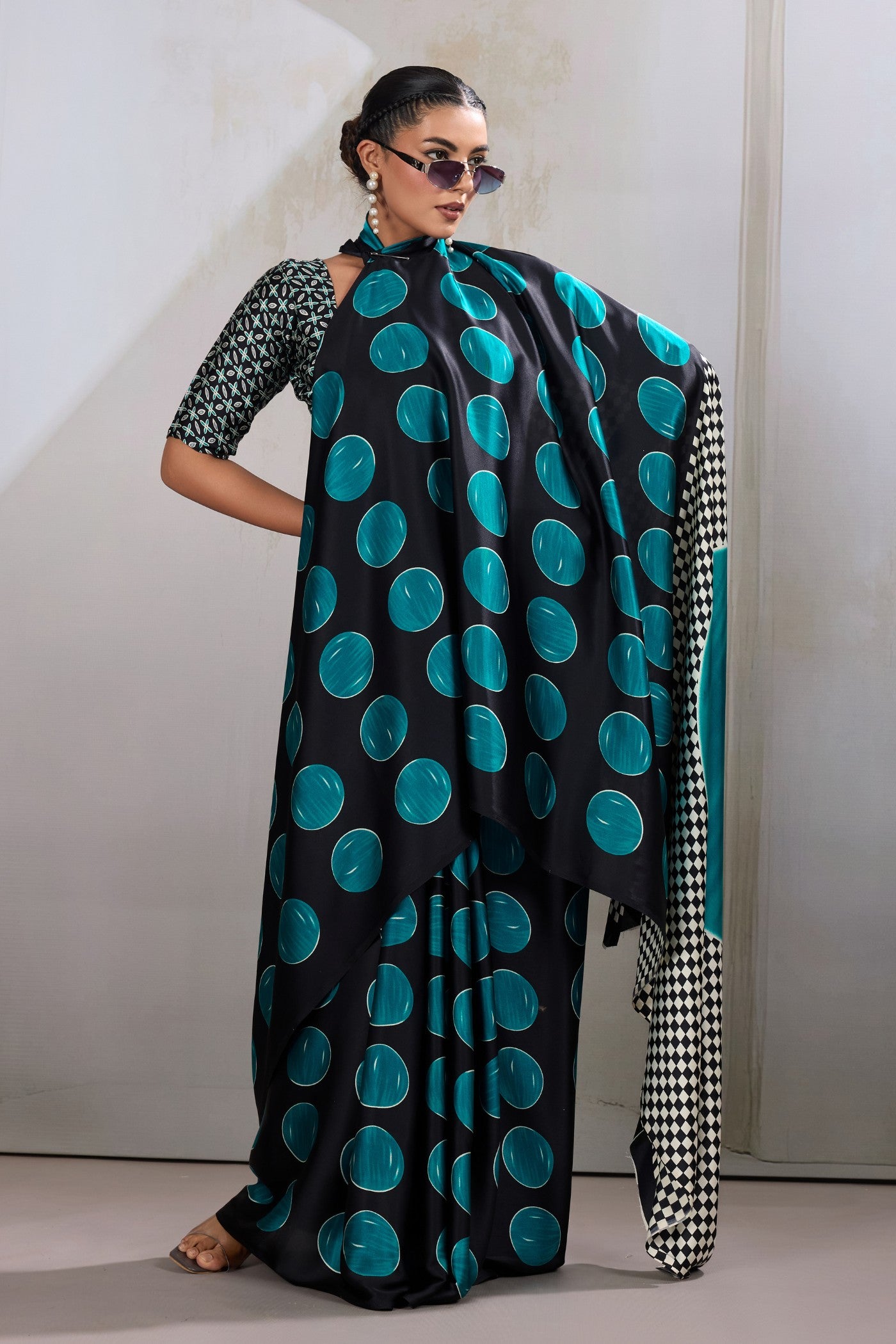 Buy MySilkLove Havelock Blue Printed Polka Dots Satin Crepe Saree Online