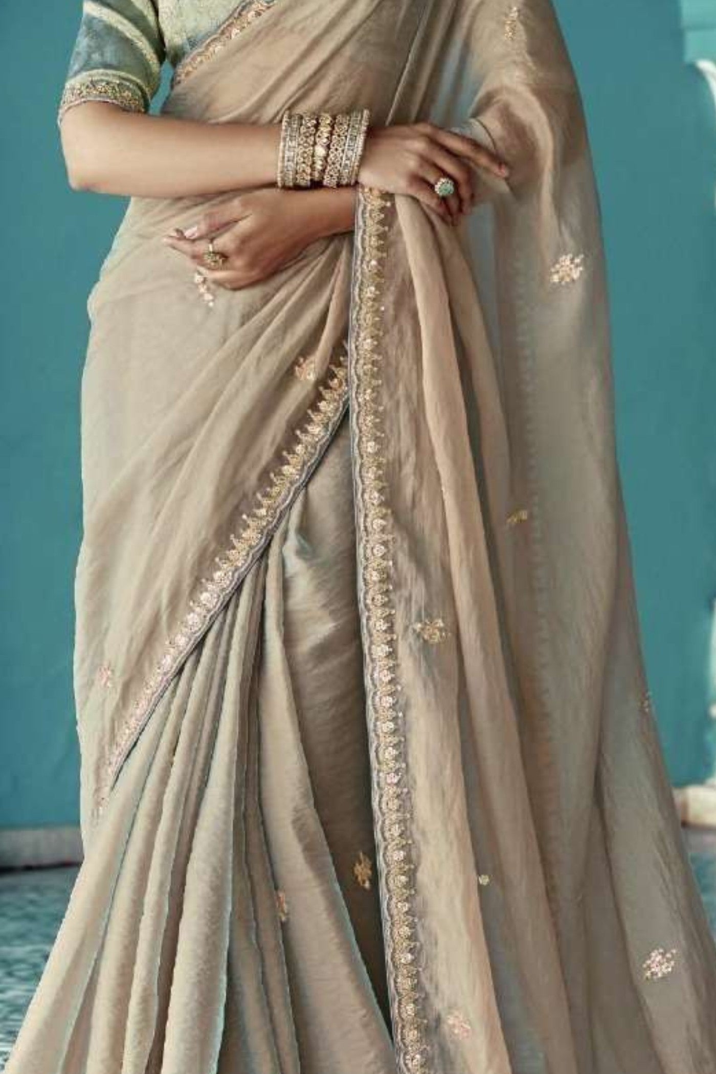 Buy MySilkLove Bronco Cream Embroidered Tissue Designer Saree Online