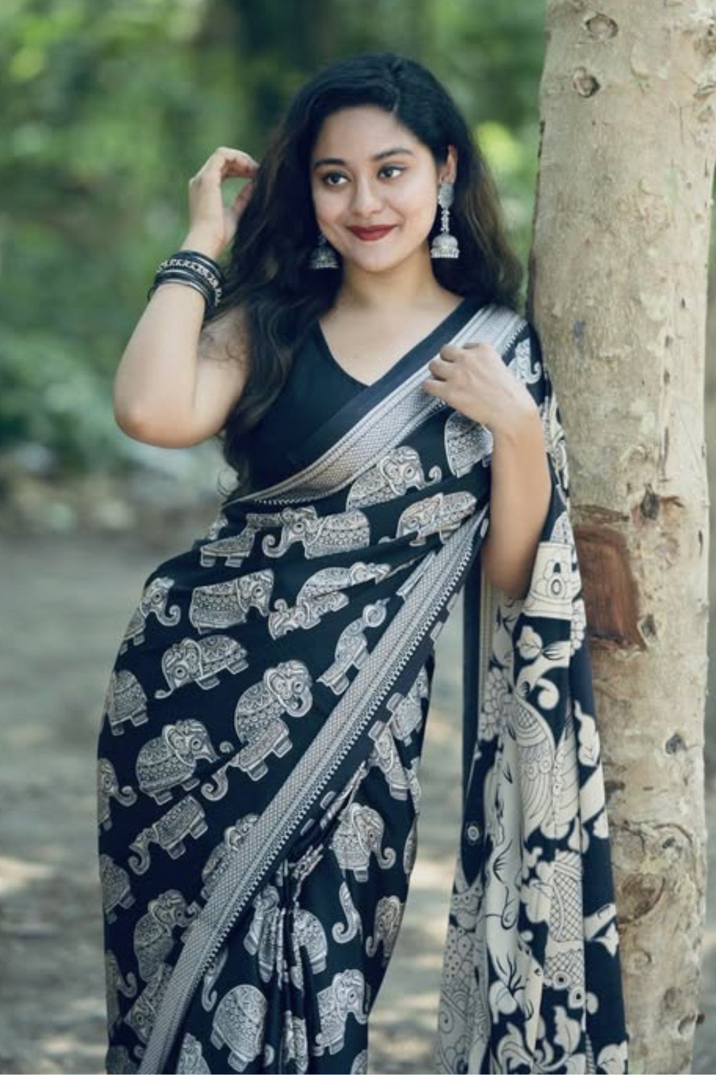 MySilkLove Black Eel Ajrakh Printed Satin Crepe Silk Saree