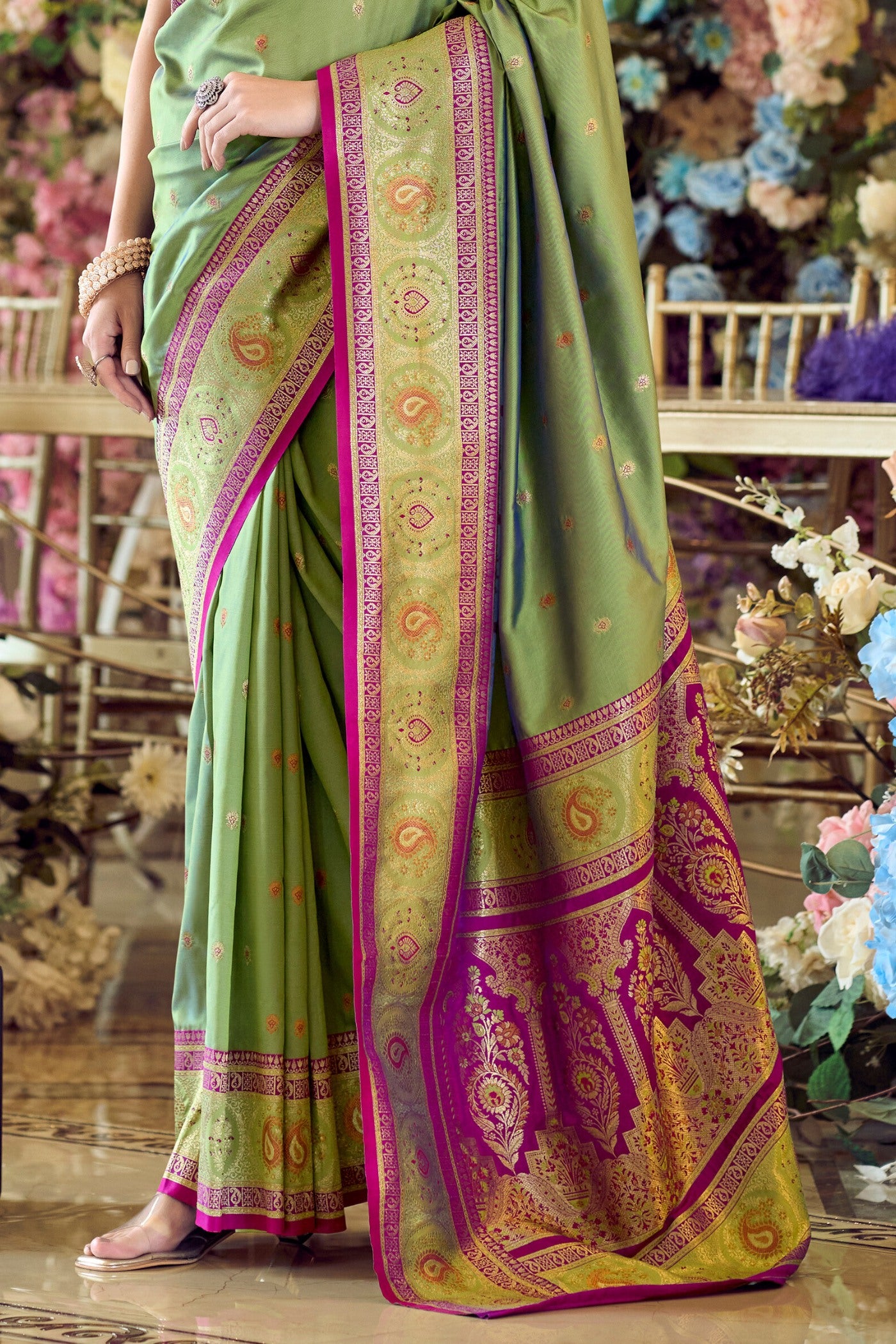 Buy MySilkLove Avocado Green Woven Banarasi Soft Silk Saree Online