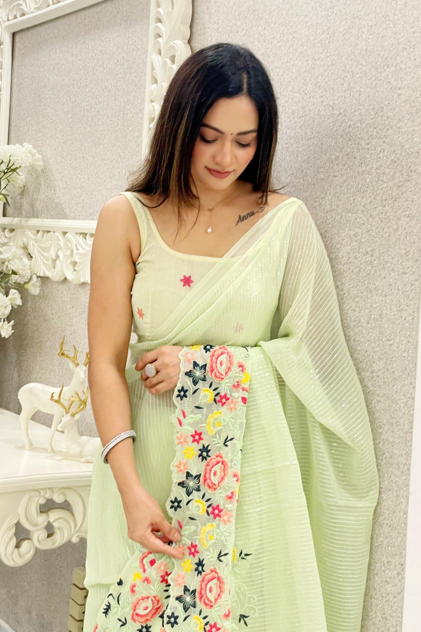 Buy MySilkLove Tea Green Embroidered Partywear Saree Online