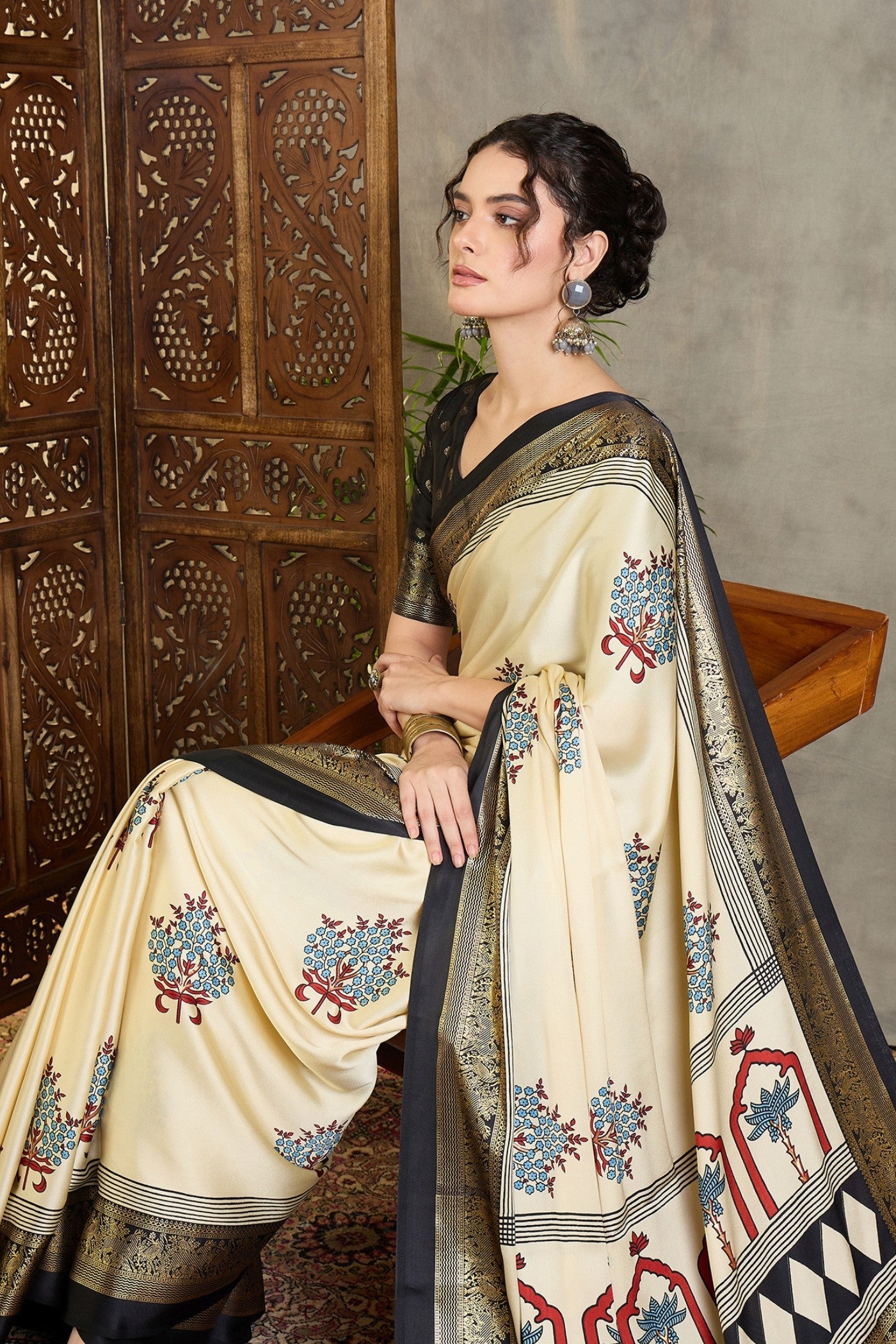 Buy MySilkLove Wheat Cream and Black Printed Satin Crepe Silk Saree Online
