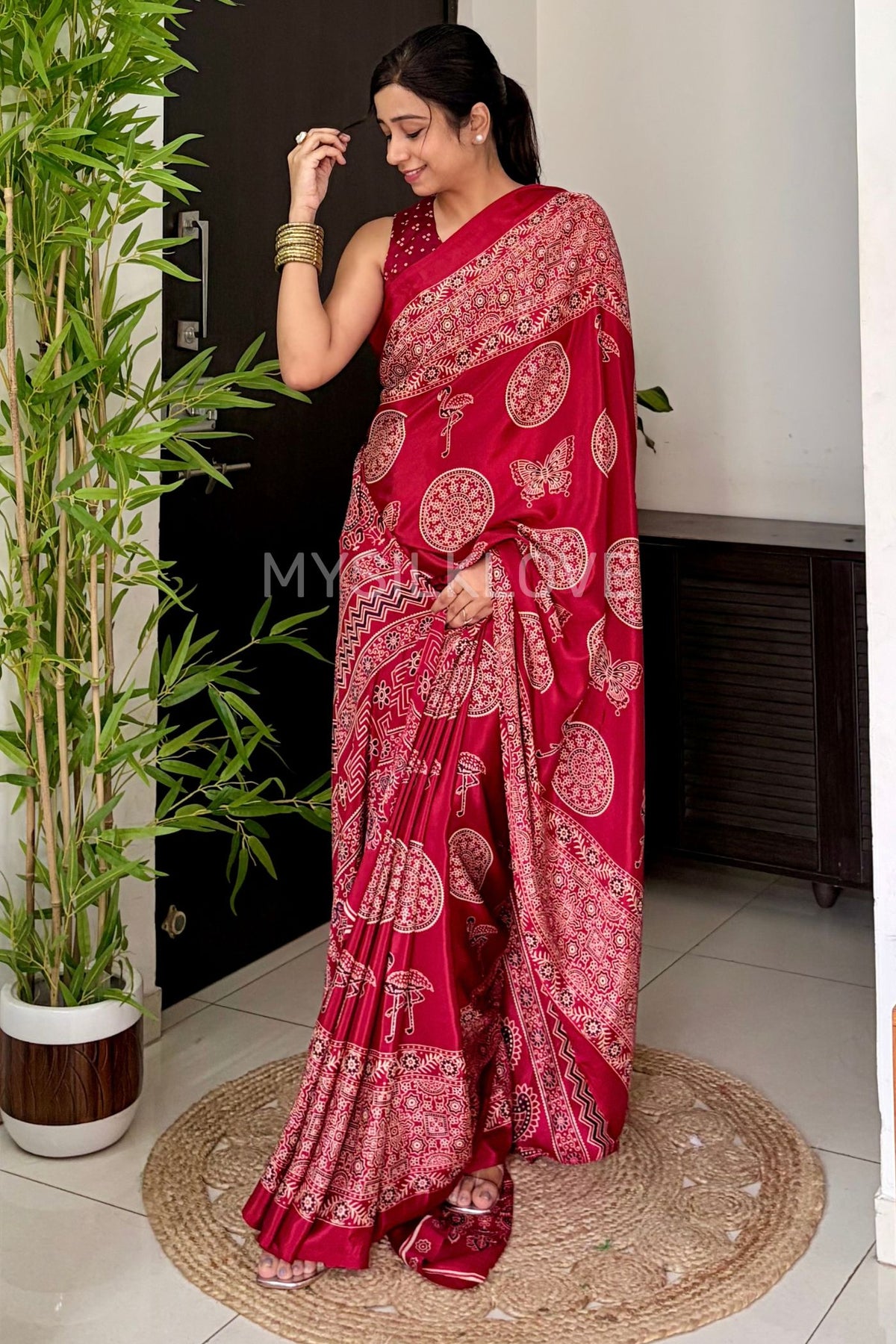 Buy MySilkLove Rose Red Ajrakh Satin Printed Silk Saree Online