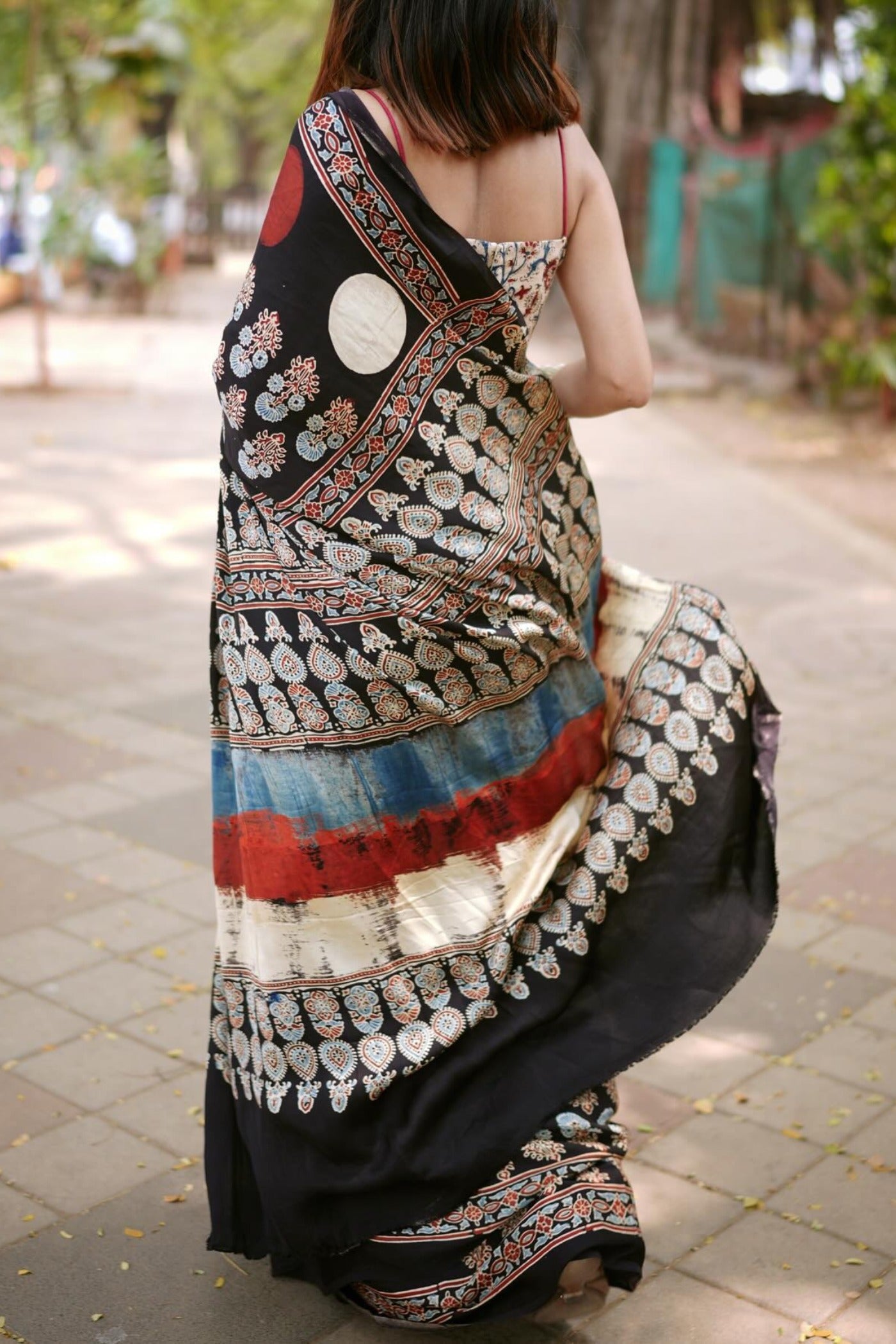 Buy MySilkLove Onyx Black Printed Polka Dots Satin Crepe Saree Online