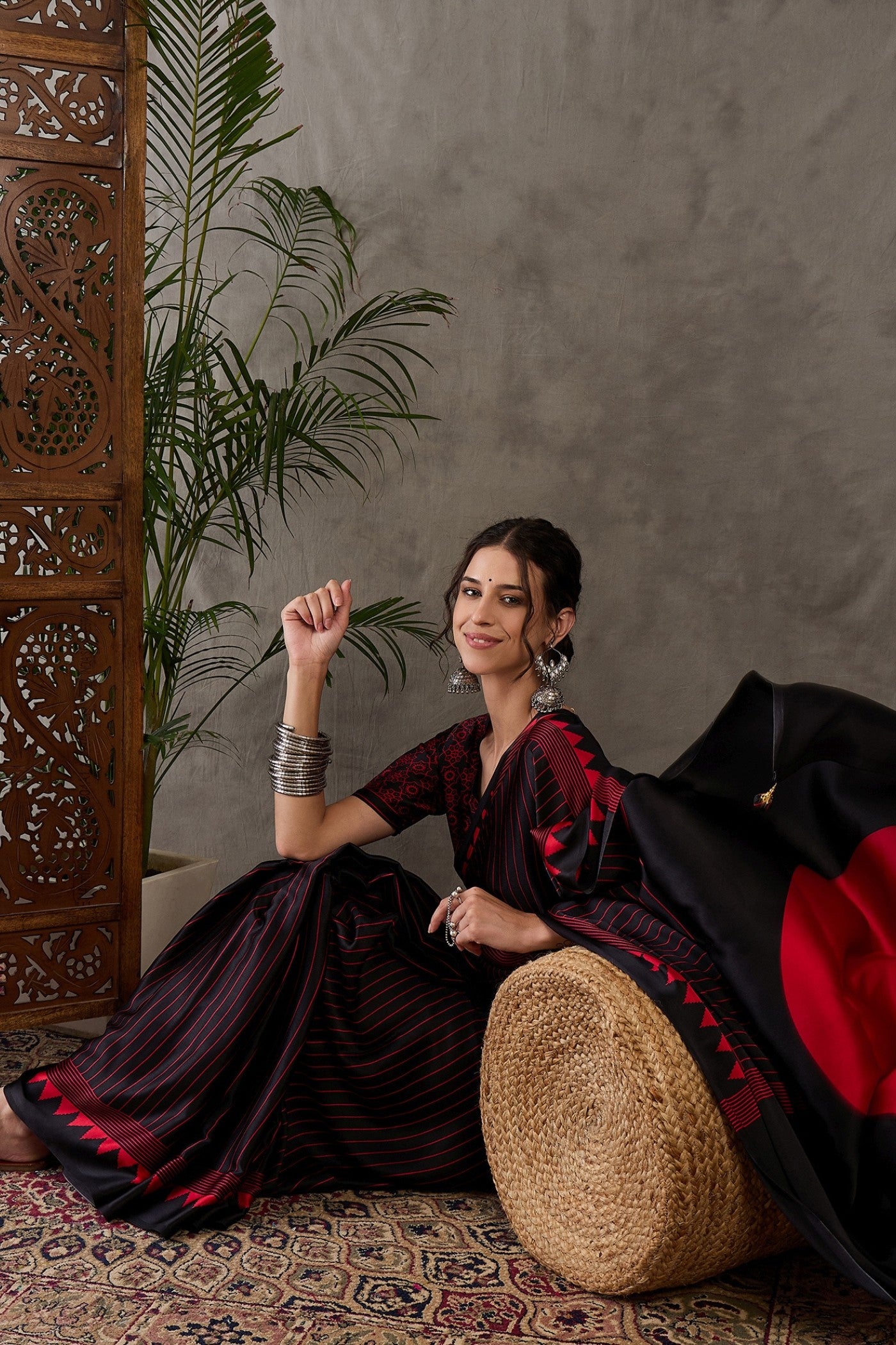 Buy MySilkLove Retro Black and Red Printed Satin Gaji Silk Saree Online