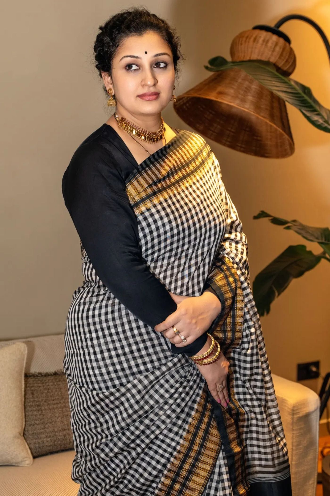 MySilkLove Matte Black Checks Pattern Pure Silk Irkal Saree