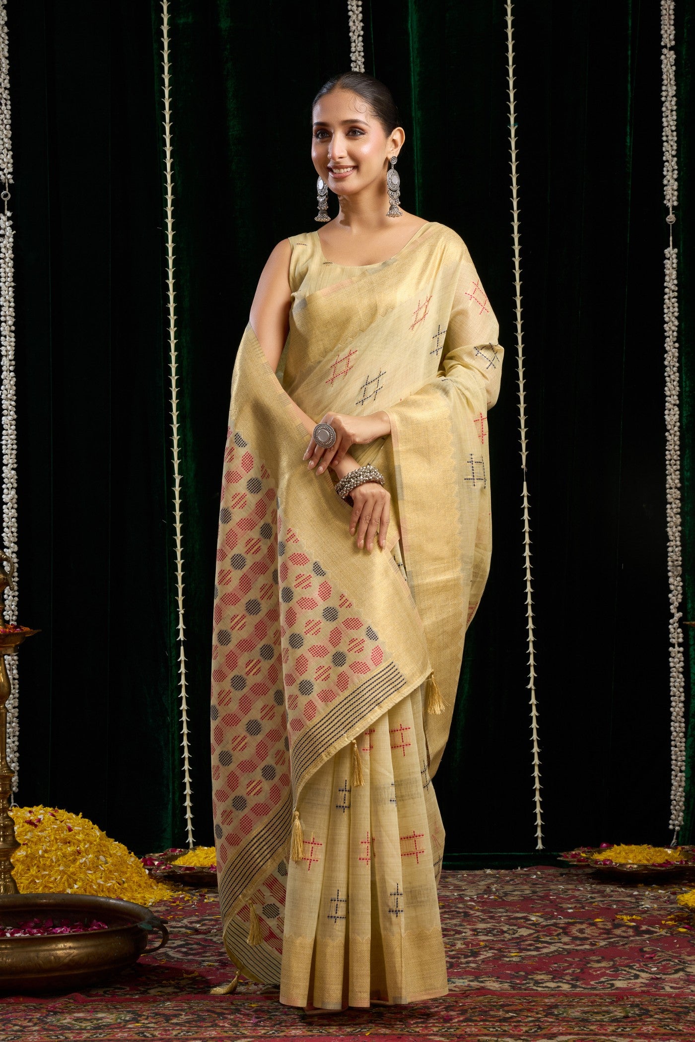 Buy MySilkLove Milky Cream Woven Cotton Saree Online