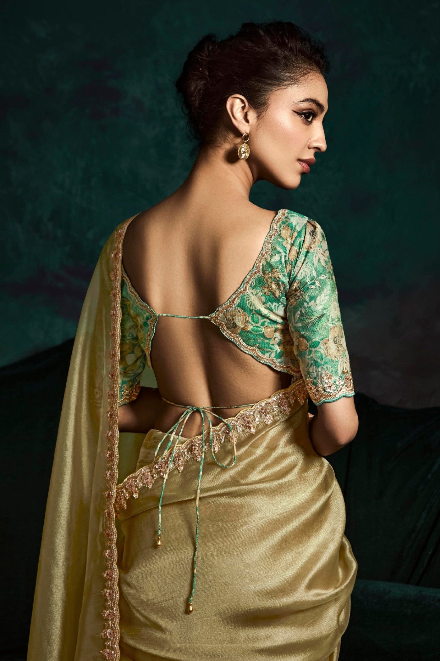 Buy MySilkLove Bronze Yellow Embroidered Tissue Designer Saree Online