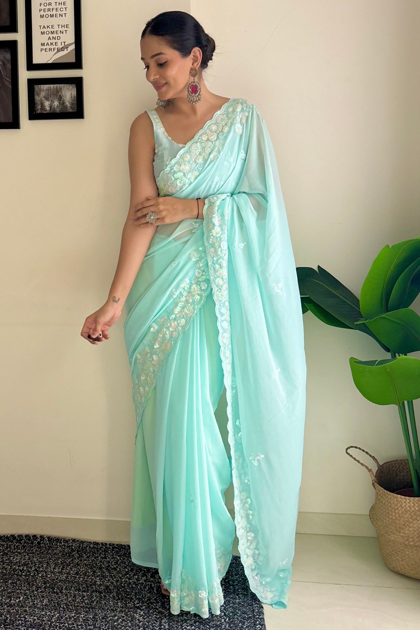 Buy MySilkLove Morning Glory Blue Embroidery Georgette saree Online