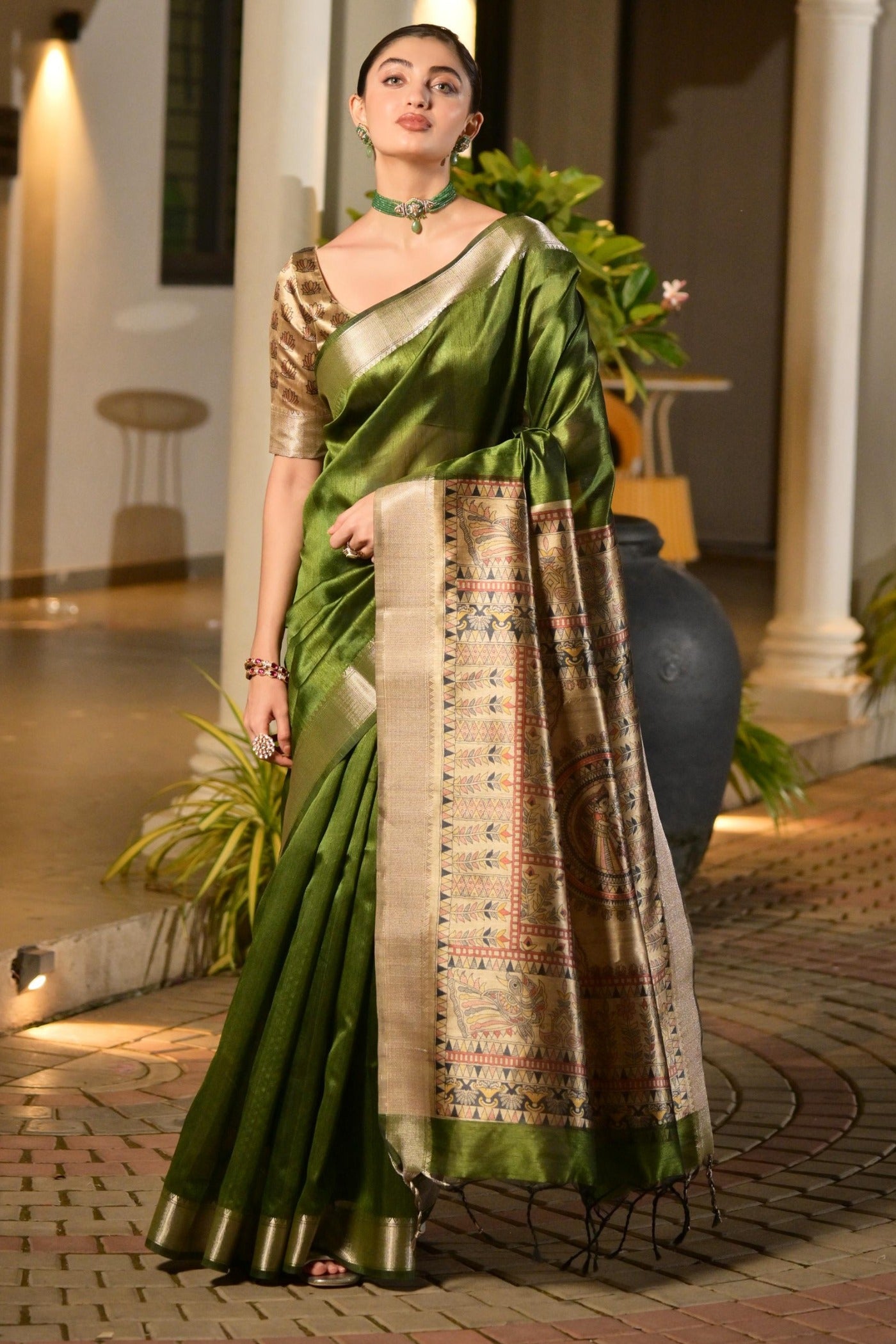 Buy MySilkLove Tree Green Tussar Silk Saree Online