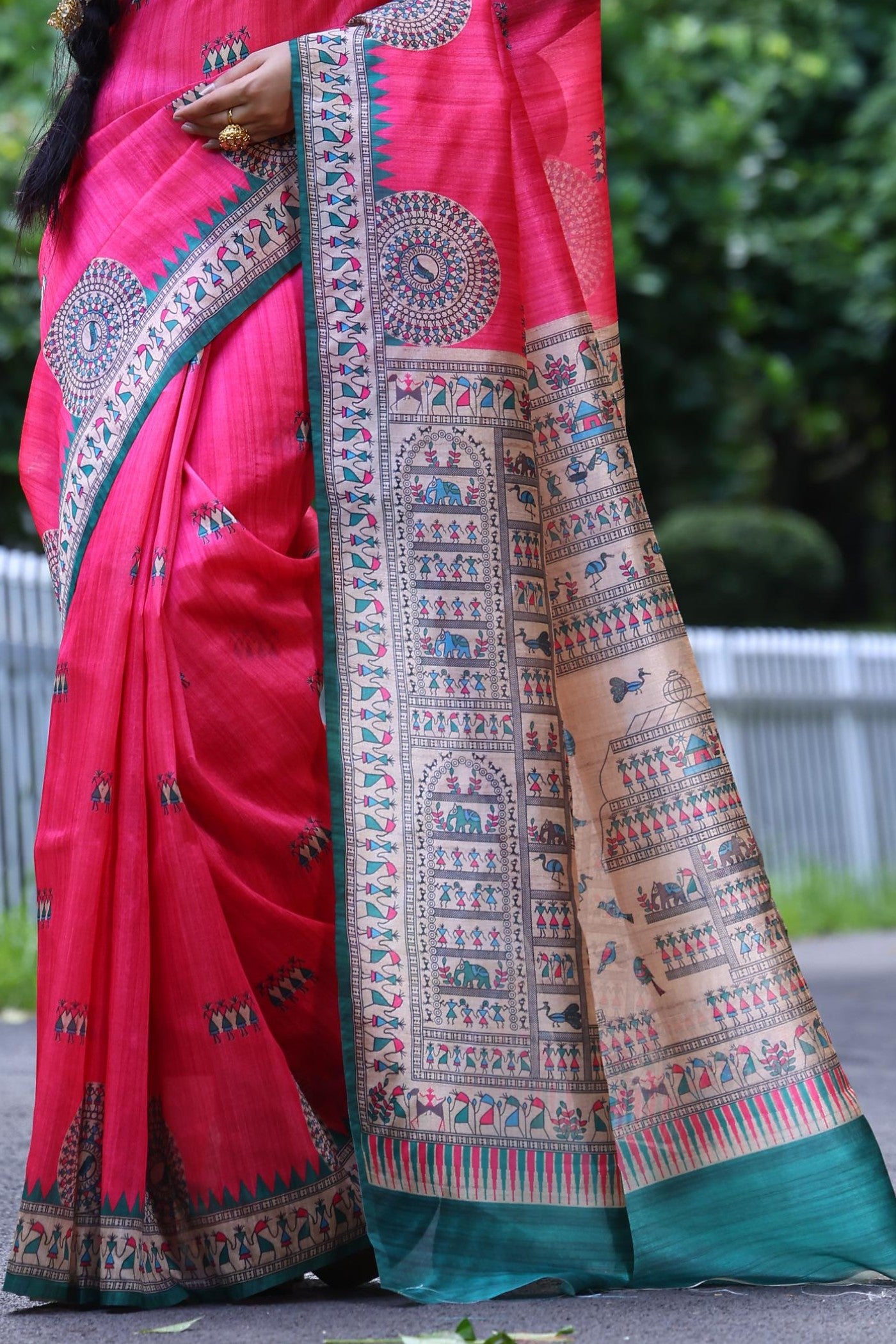 Buy MySilkLove Canary Pink Madhubani Tussar Printed Silk Saree Online