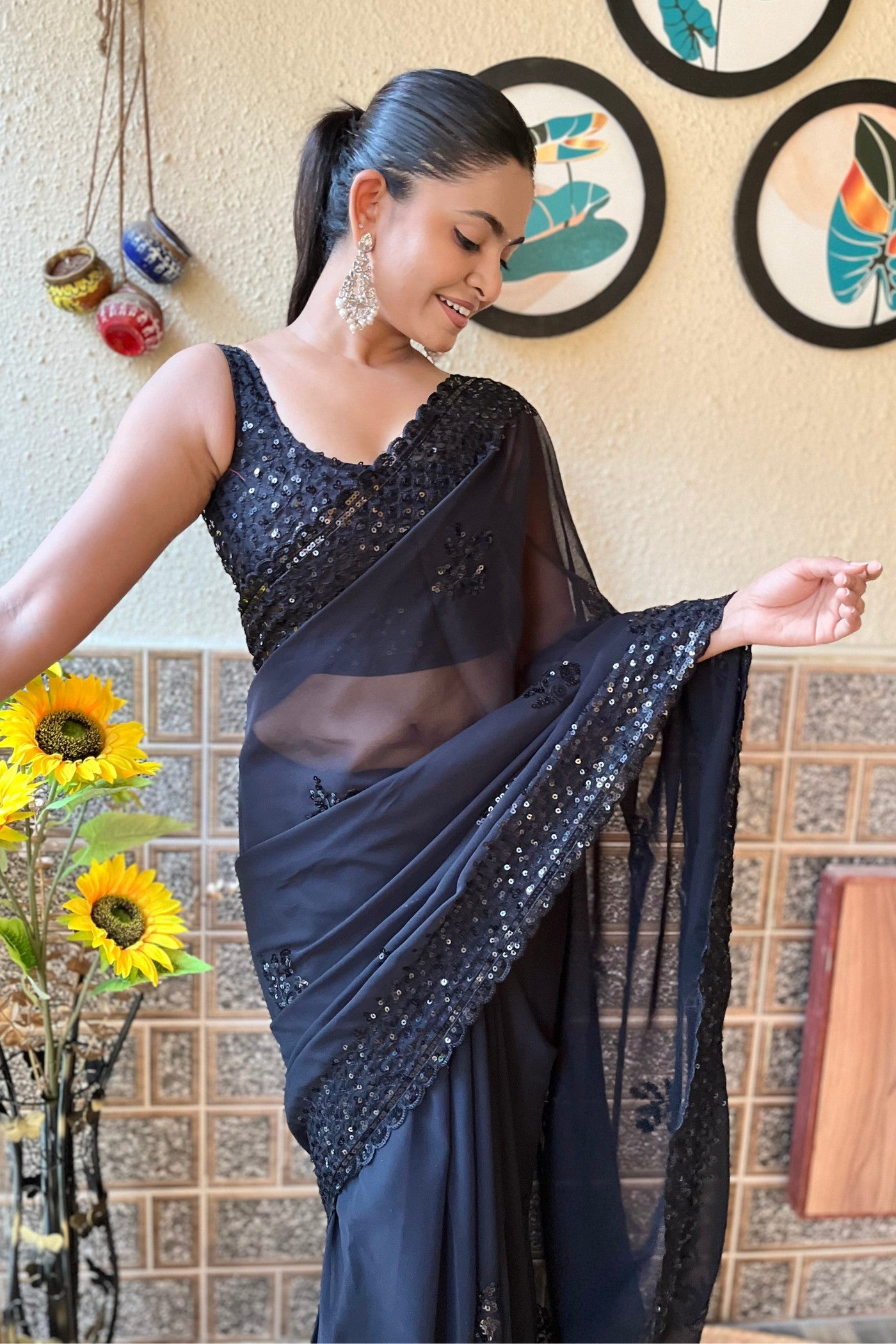 Buy MySilkLove Persian Lily Black Embroidery Georgette saree Online