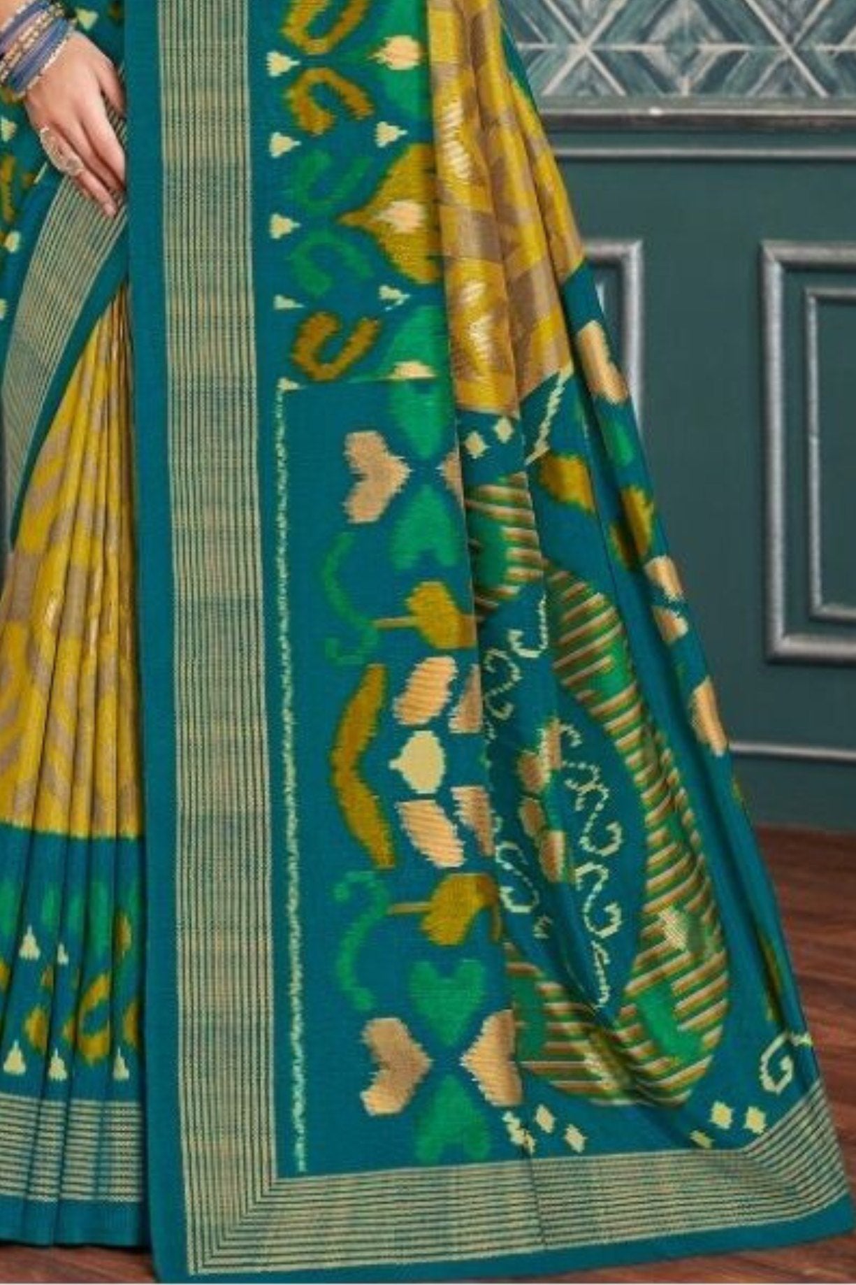 Buy MySilkLove Bright Sun Yellow and Green Ikkat Patola Silk Saree Online