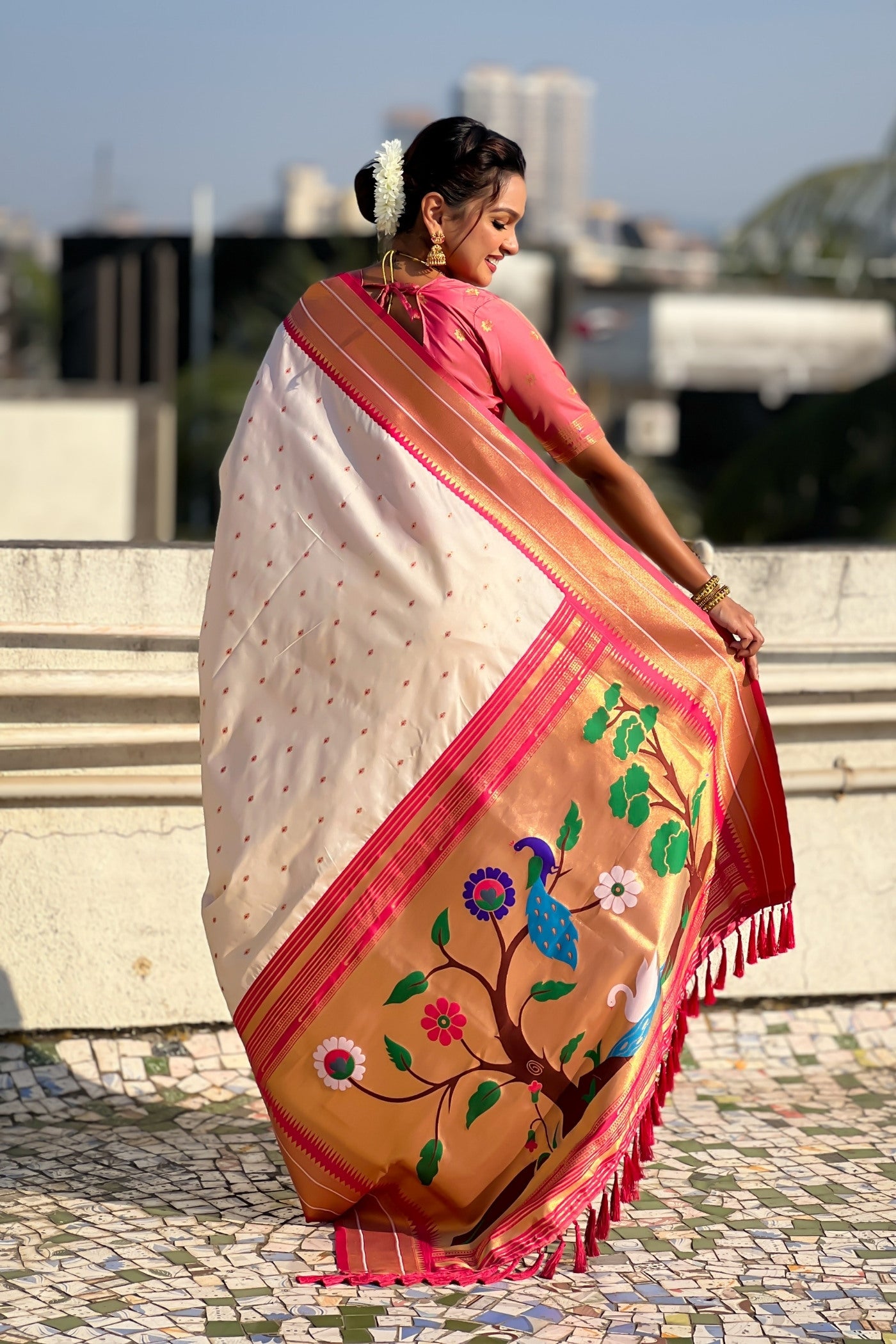 Buy MySilkLove Navajo White Zari Woven Paithani Saree Online