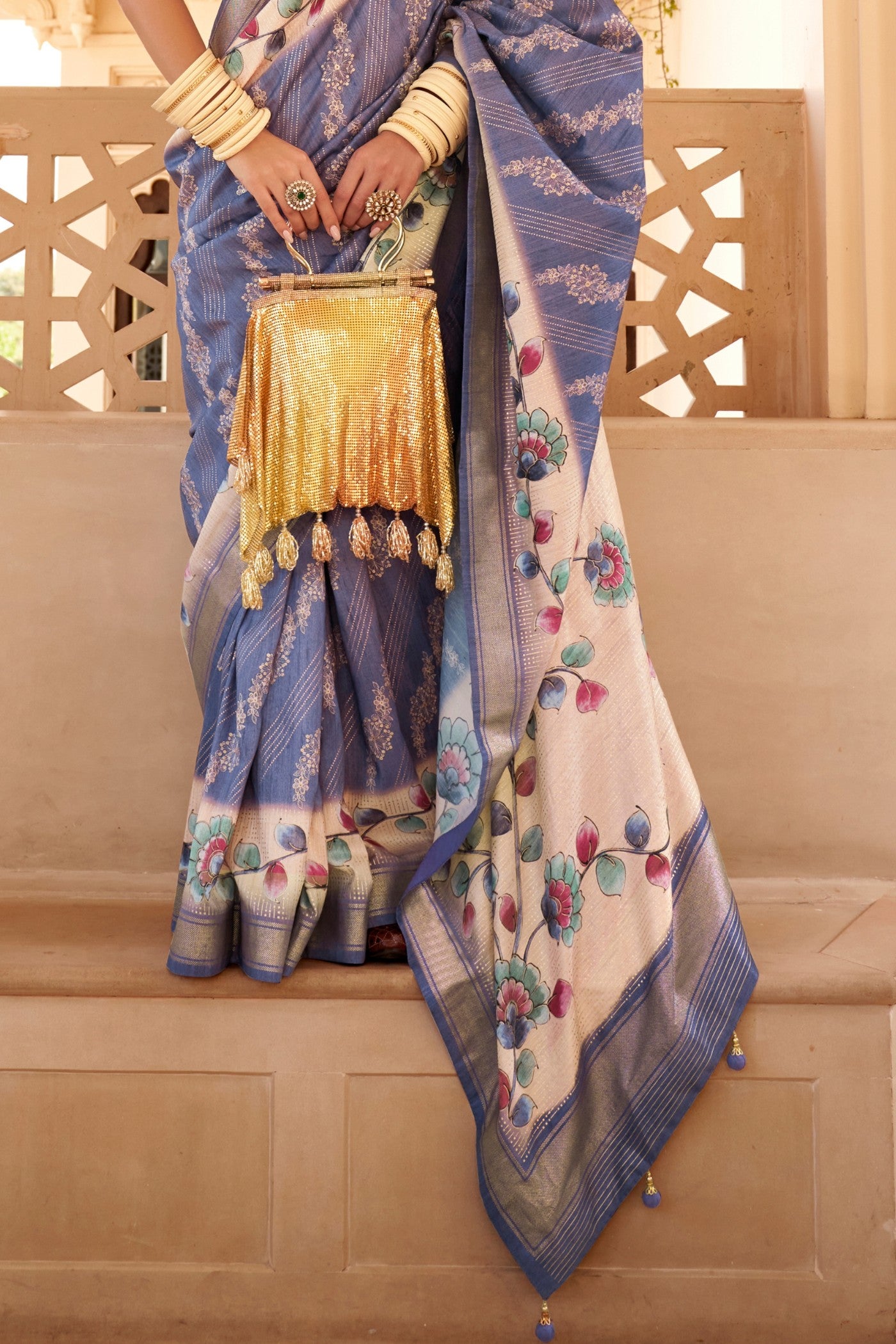 Buy MySilkLove Waterloo Blue Floral Printed Banarasi Saree Online