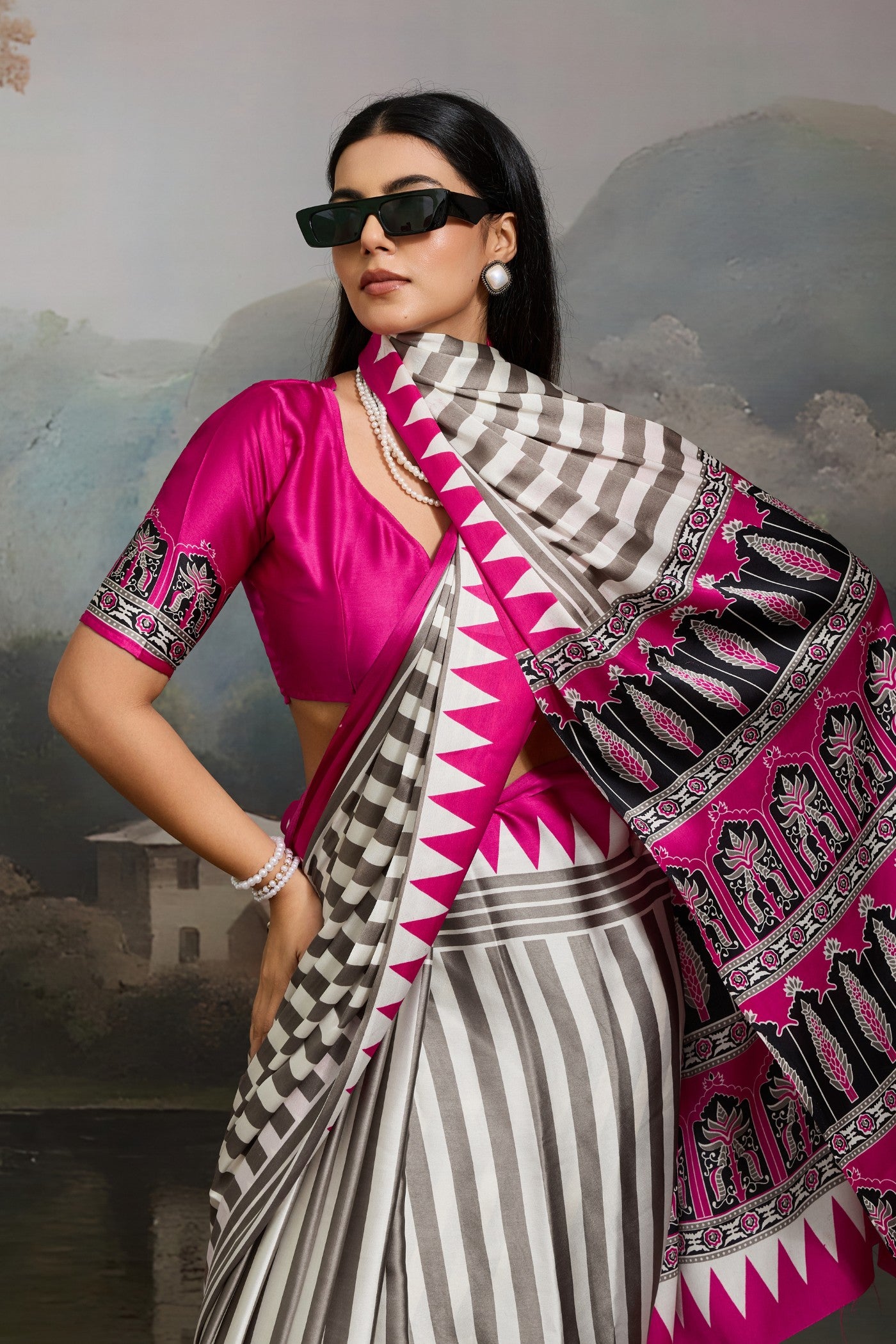 MySilkLove Aster White and Pink Ajrakh Printed Satin Crepe Silk Saree