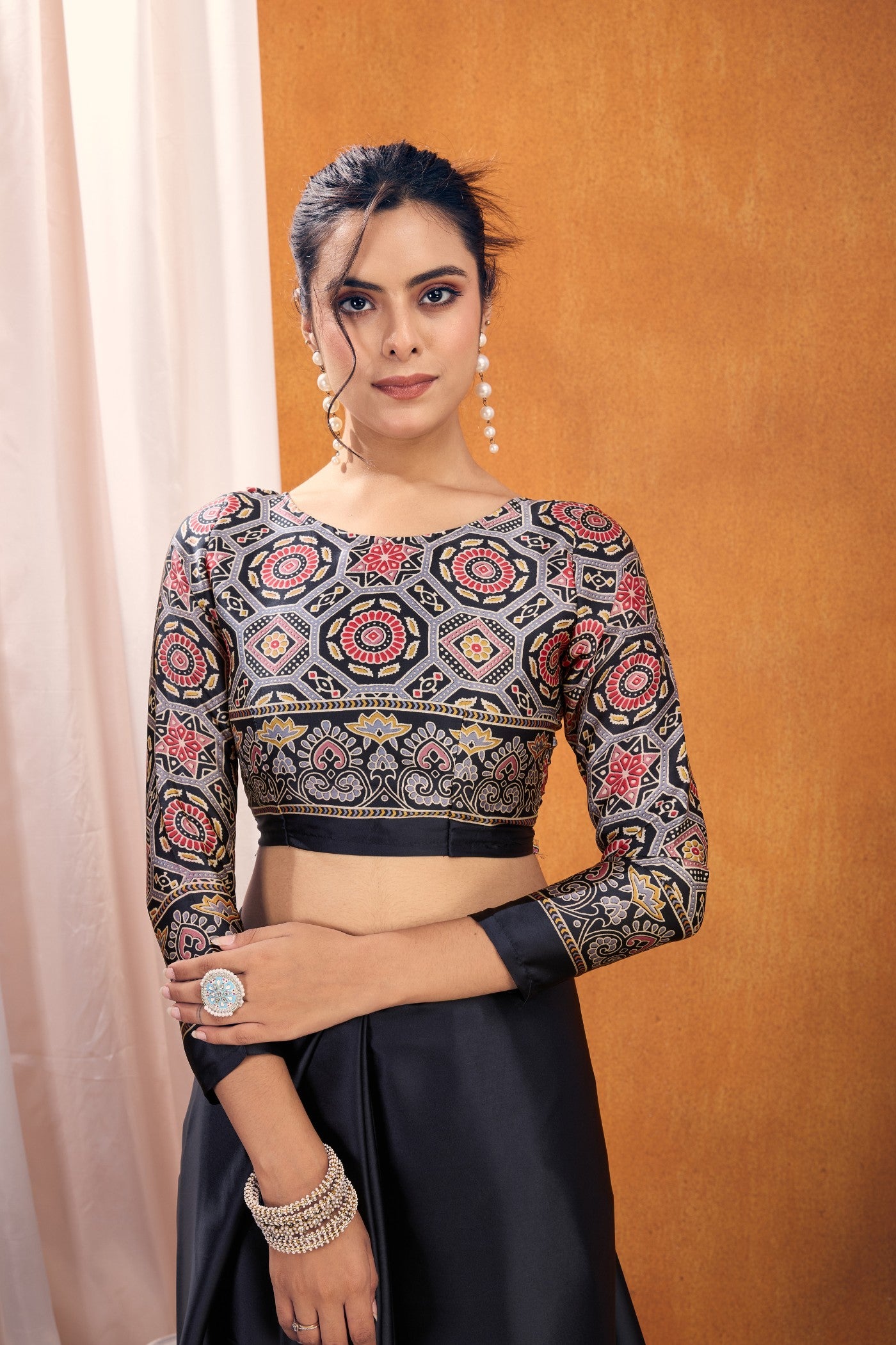 Buy MySilkLove Eleboro Black Ajrakh Printed Satin Crepe Silk Saree Online