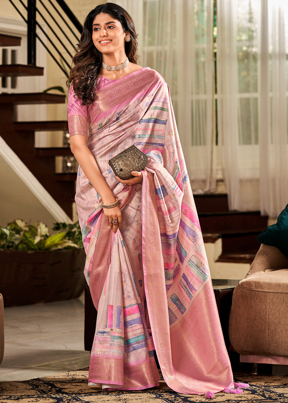 Buy MySilkLove Azalea Pink Banarasi Digital Printed Soft Silk Saree Online