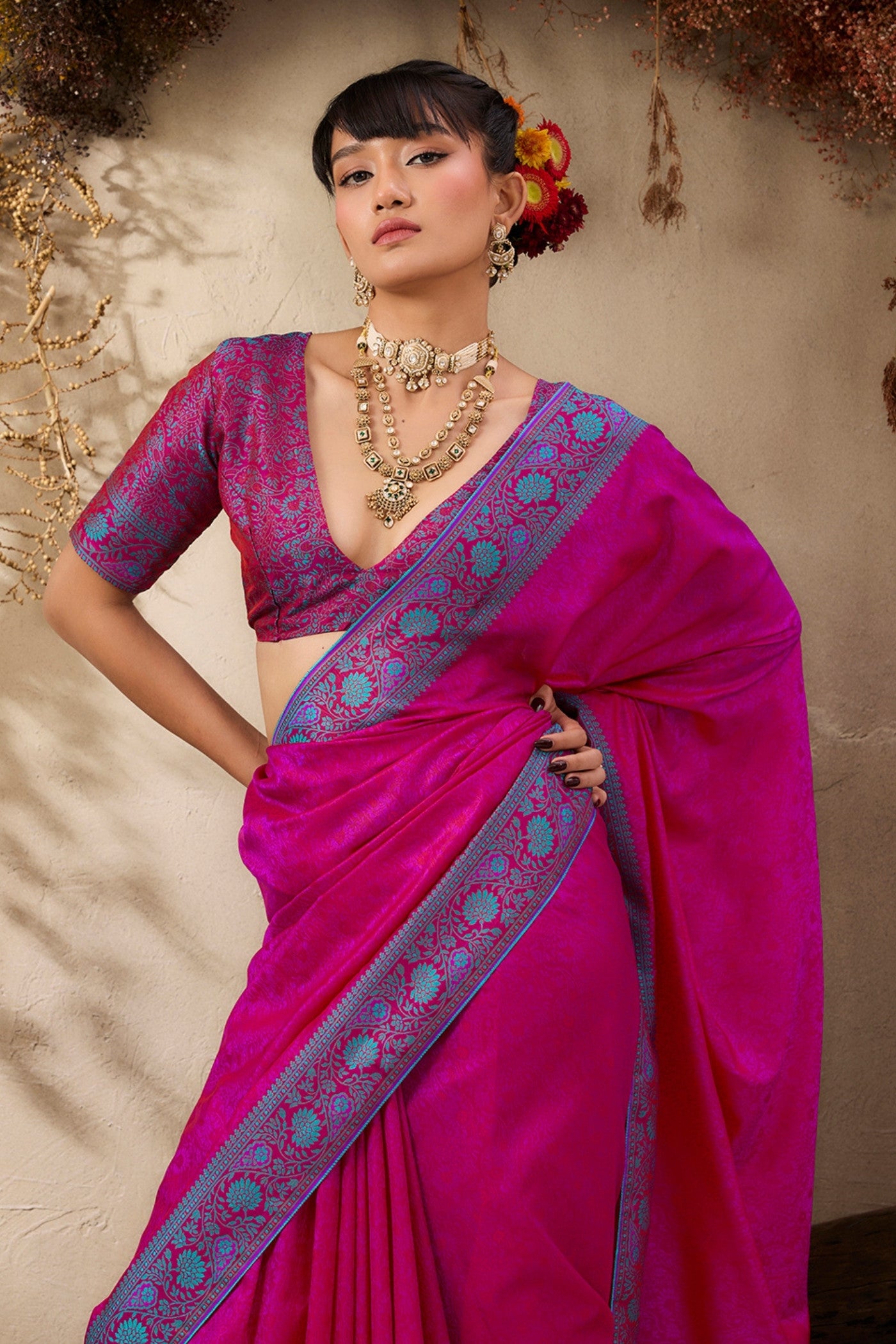 Buy MySilkLove Magenta Pink Woven Tanchoi Kanjivaram Saree Online