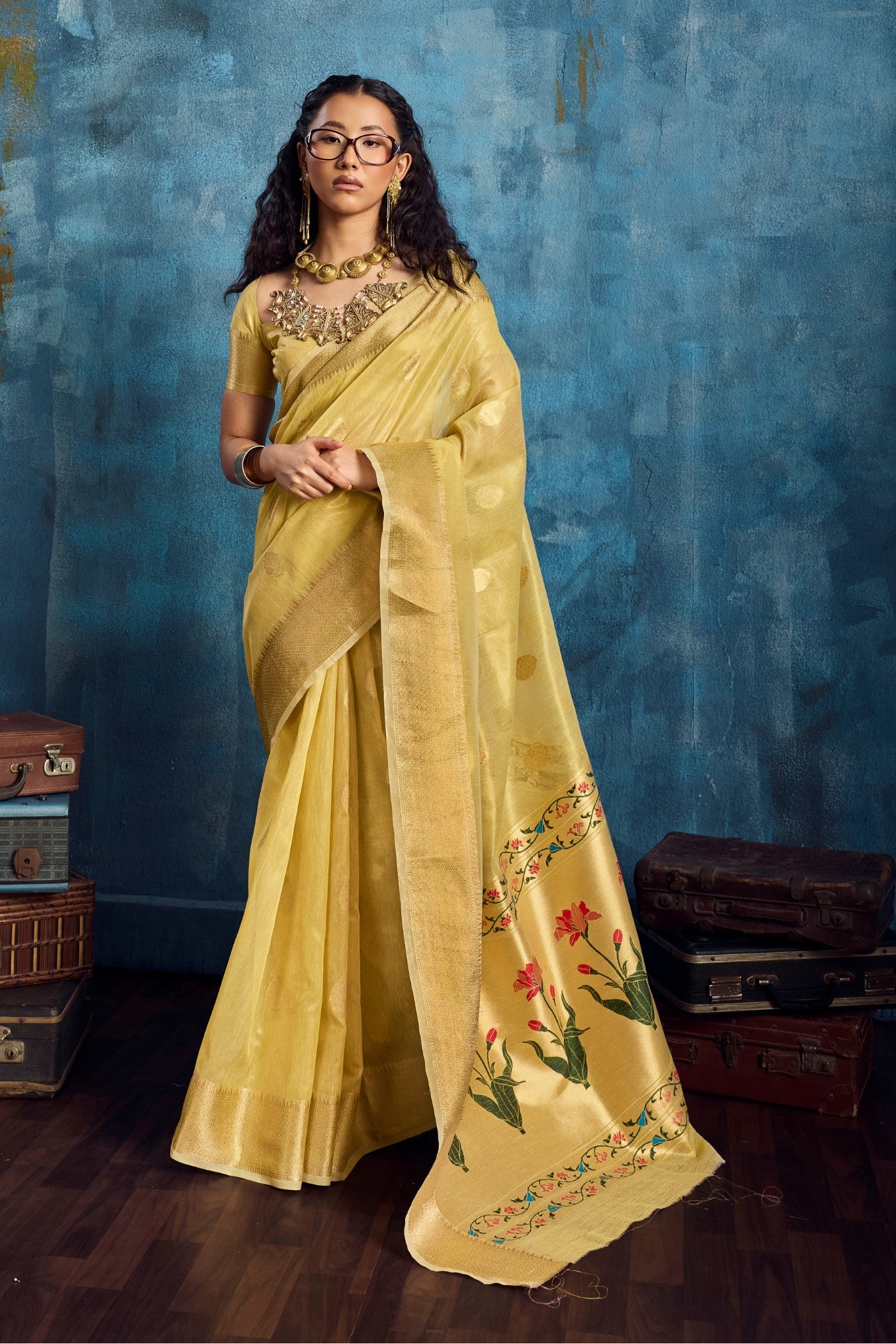 Buy MySilkLove Banana Yellow Zari Woven Tissue Paithani Saree Online
