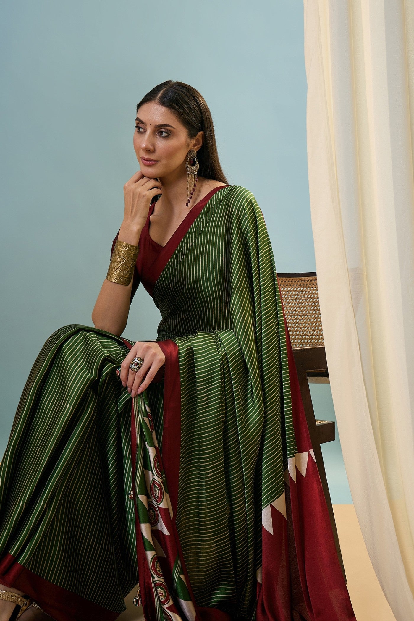 Buy MySilkLove Ember Green Ajrakh Printed Satin Crepe Silk Saree Online