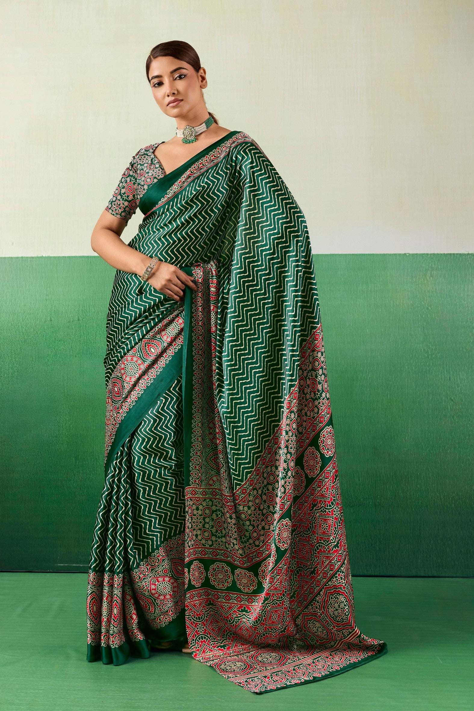 Buy MySilkLove Spring Green Modal Ajrakh Satin Printed Silk Saree Online