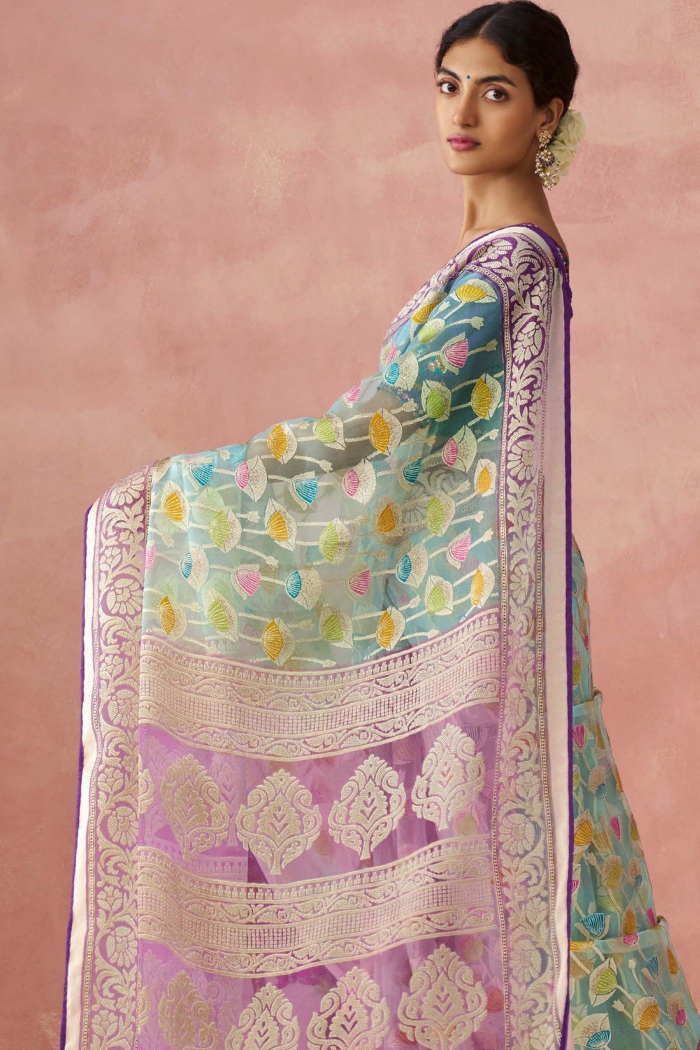 Buy MySilkLove Mantle Green Brasso Organza Printed Saree Online