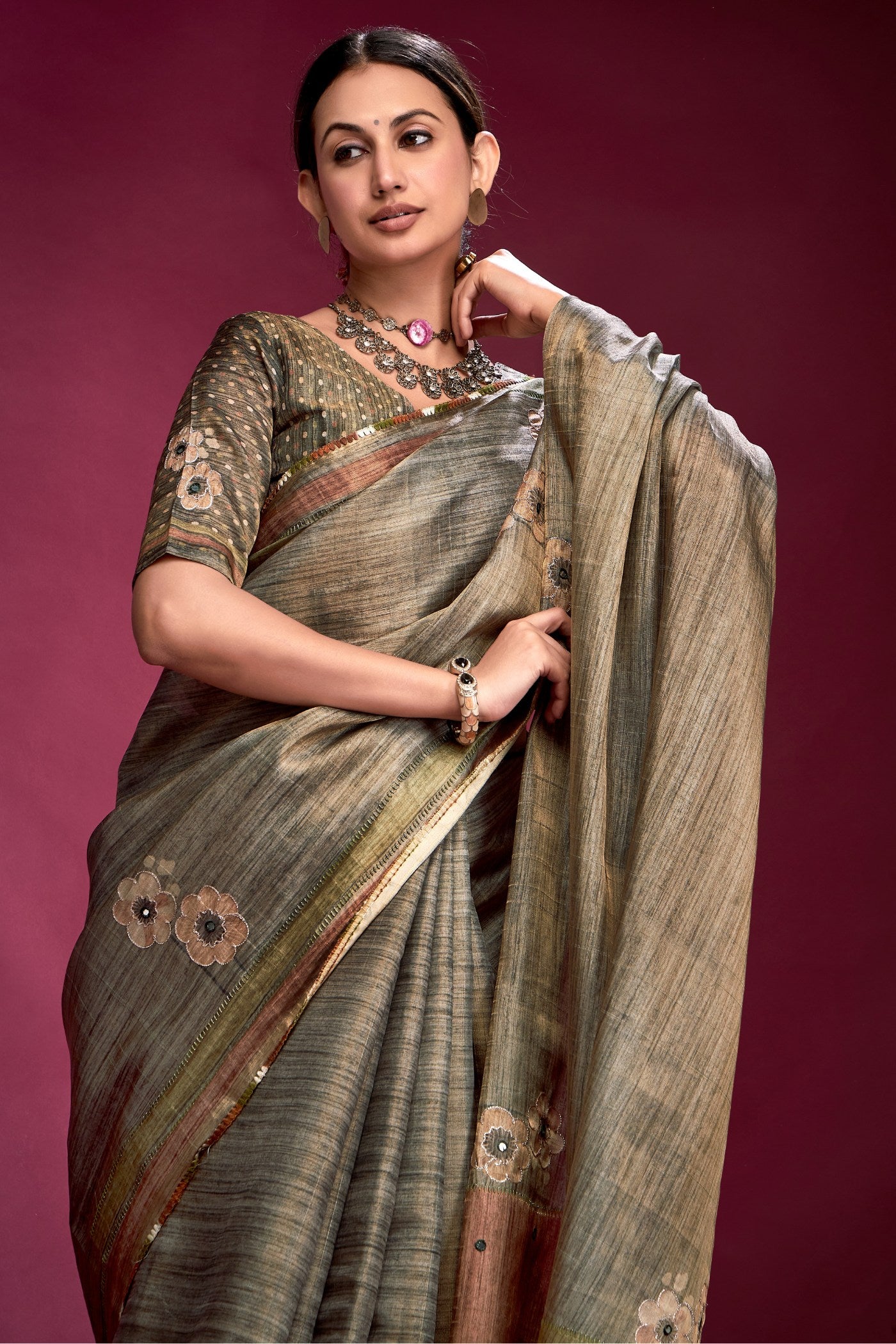 MySilkLove Woody Grey Woven Tussar Silk Saree